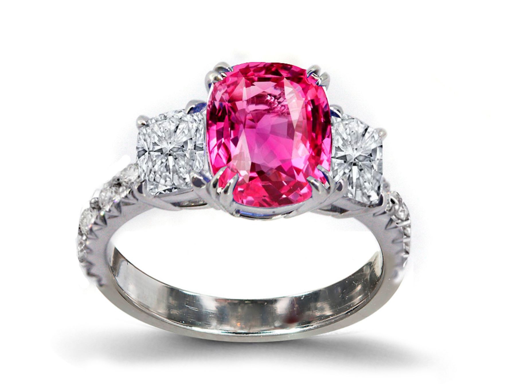 The Latest Pink Sapphire & Diamond Three Stone Ring With Diamond Accents
