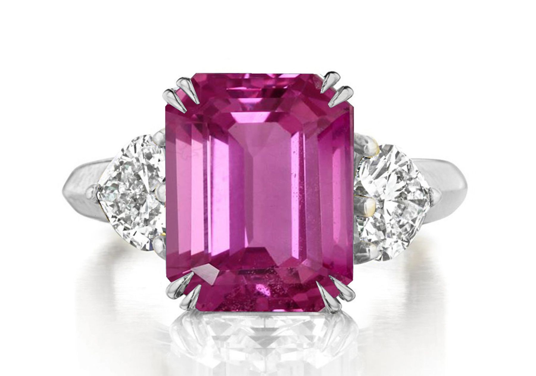 Premium Quality Unique Heart Shaped Diamonds & Pink Sapphire Emerald Cut Three Stone Rings