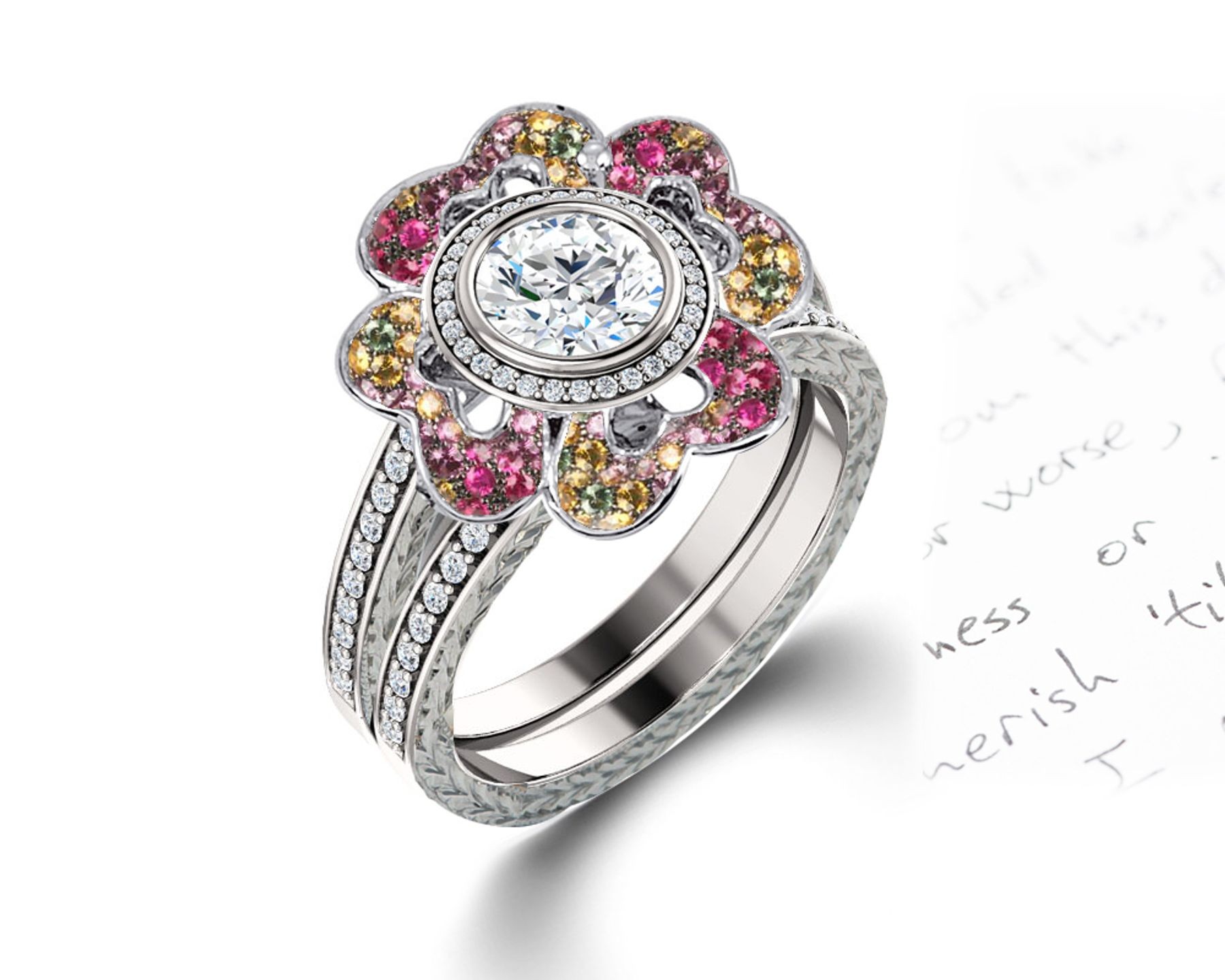 Delicate Micro Pave Halo Vivid Flower Rainbow Sapphires & Brilliant-Cut Round Diamonds Designer Engagement Rings