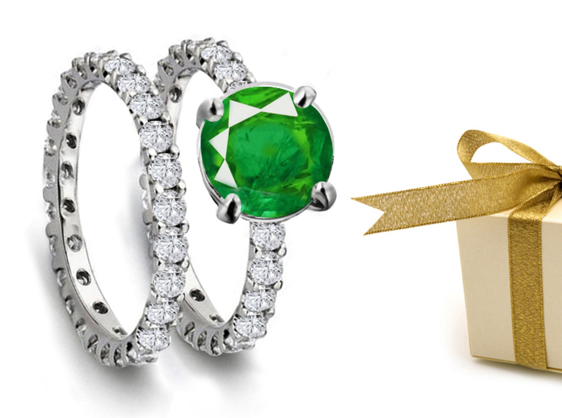 Fancy Shaped Diamonds: Spanish Ladies Round Emerald & Diamond Three-Stone Ring in 14k White Gold & Platinum