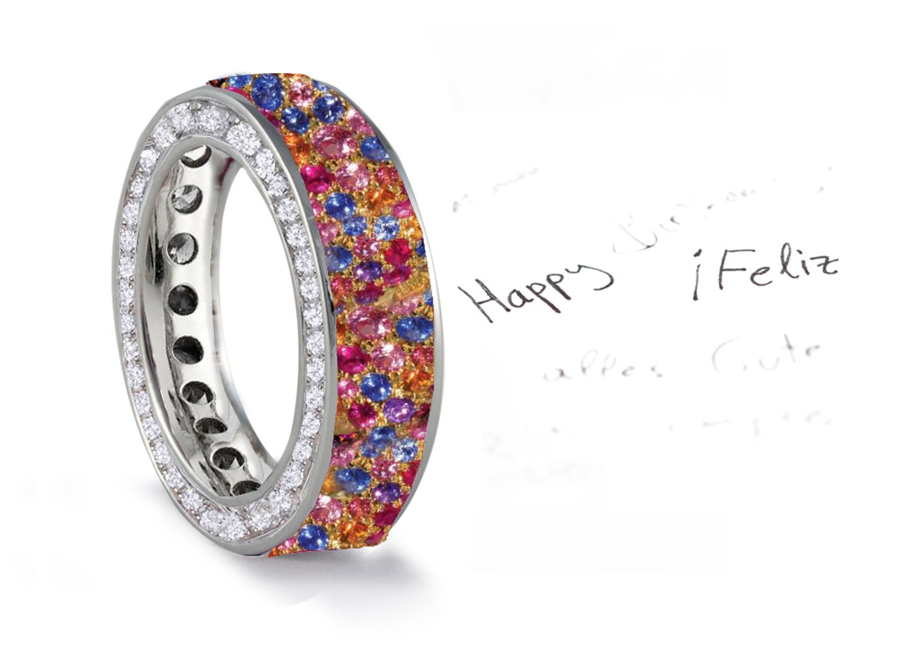 Made to Order French pave Set Brilliant Cut Round Diamonds & Multi Colored Sapphires Eternity Rings & Bands