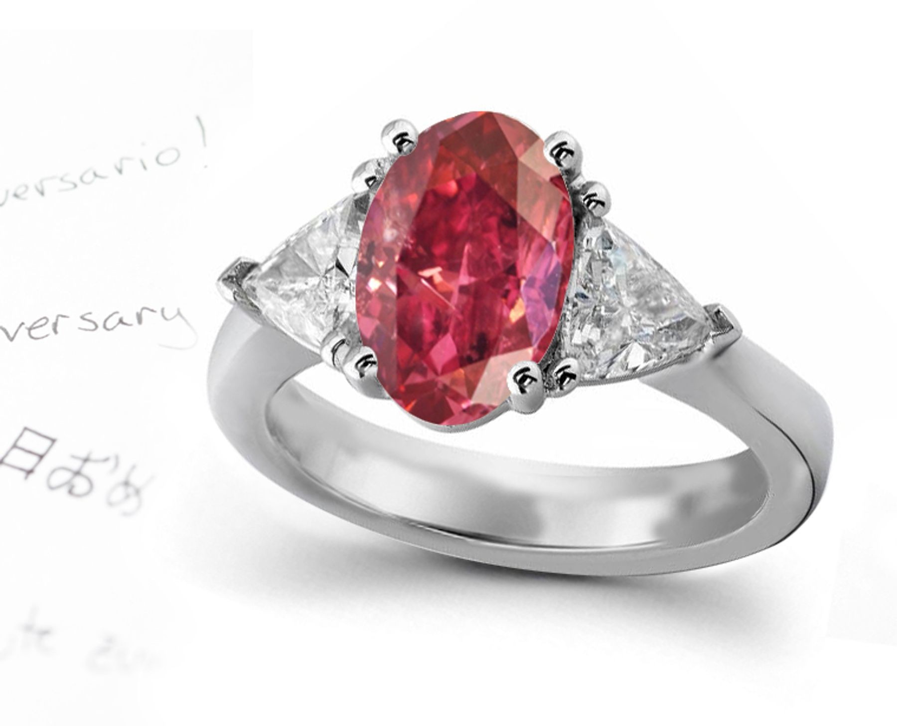 Designer Three Stone Red Diamond Oval Ring