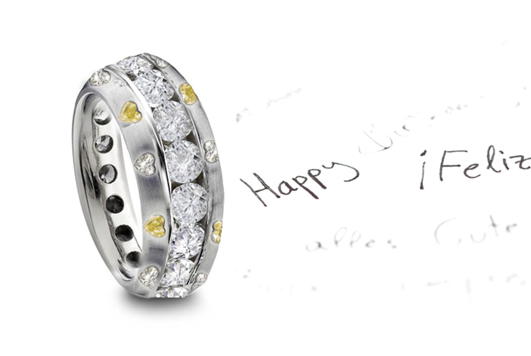 Channel Set Round Diamond Gold Band Yellow & White Heart Diamond Sprinkle All Around View From Sides & Front