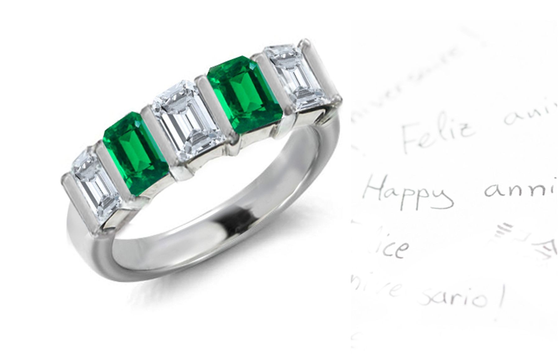 The Romance: Mens 5 Stone Bar Set Emerald Cut Emerald & Emerald Cut Diamond Ring
