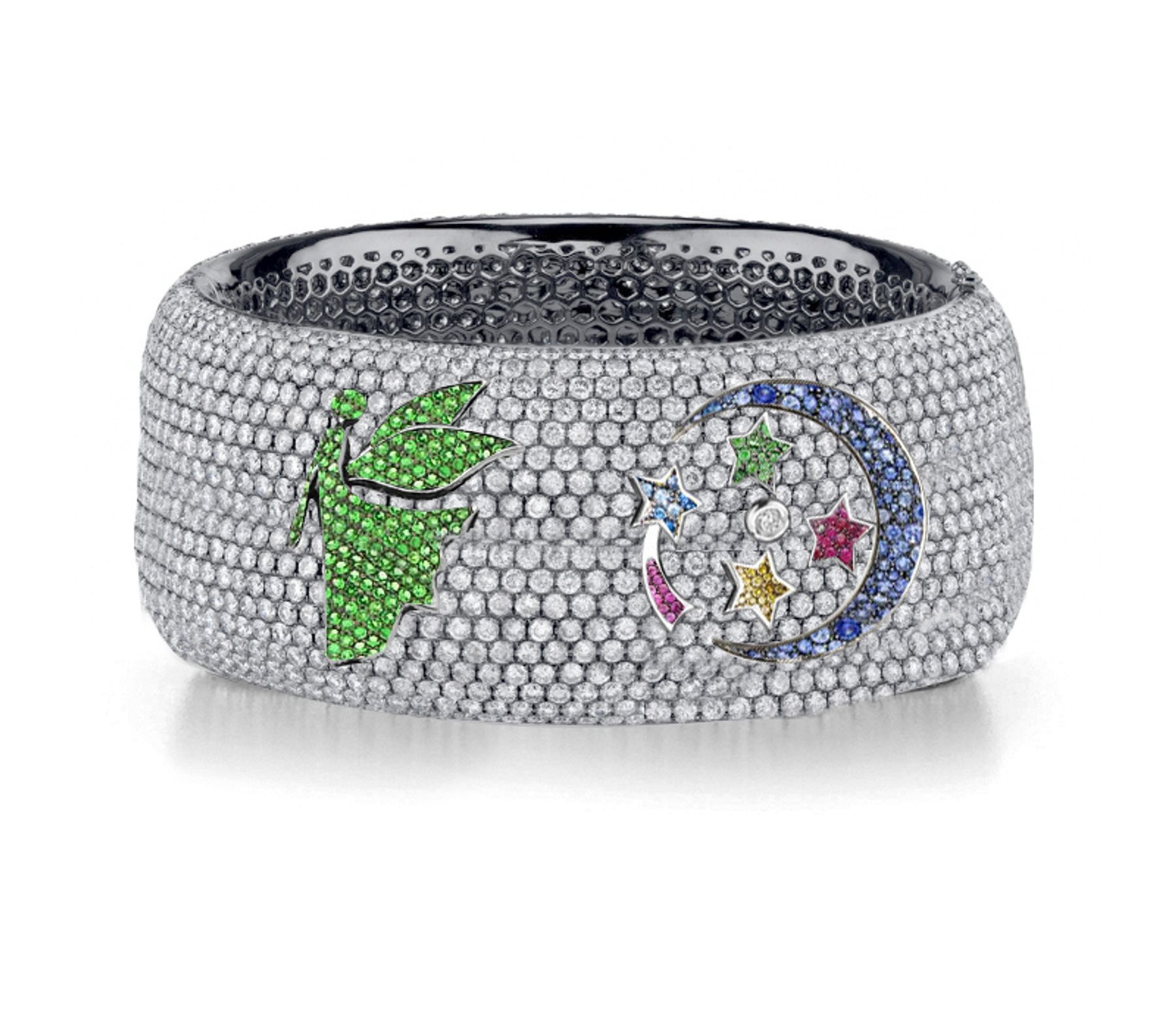 Delicate French pavee Sparkling Brilliant-Cut Round Diamonds & Vivid Multi-Colored Precious Stones Eternity Rings & Bands Featuring Fairy, Moon & Stars