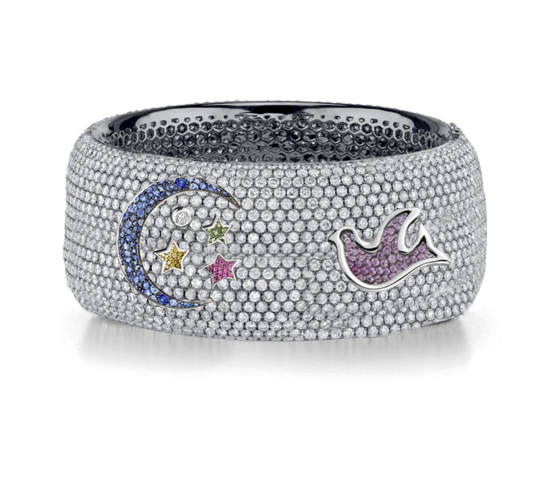 Delicate French pavee Sparkling Brilliant-Cut Round Diamonds & Vivid Multi-Colored Precious Stones Eternity Rings & Bands Featuring Bird, Moon & Stars