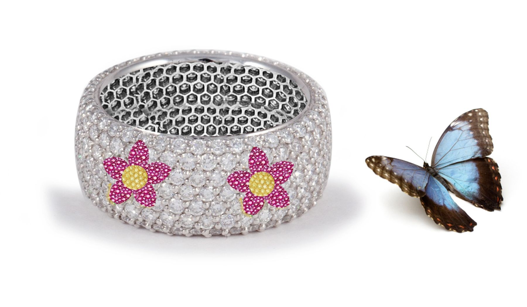 Flower Bloom Collection: Women's Halo Micro pave Precision Set Ruby & Yellow Sapphire & Diamond Eternity Rings Available in Platinum Inspired By Nature