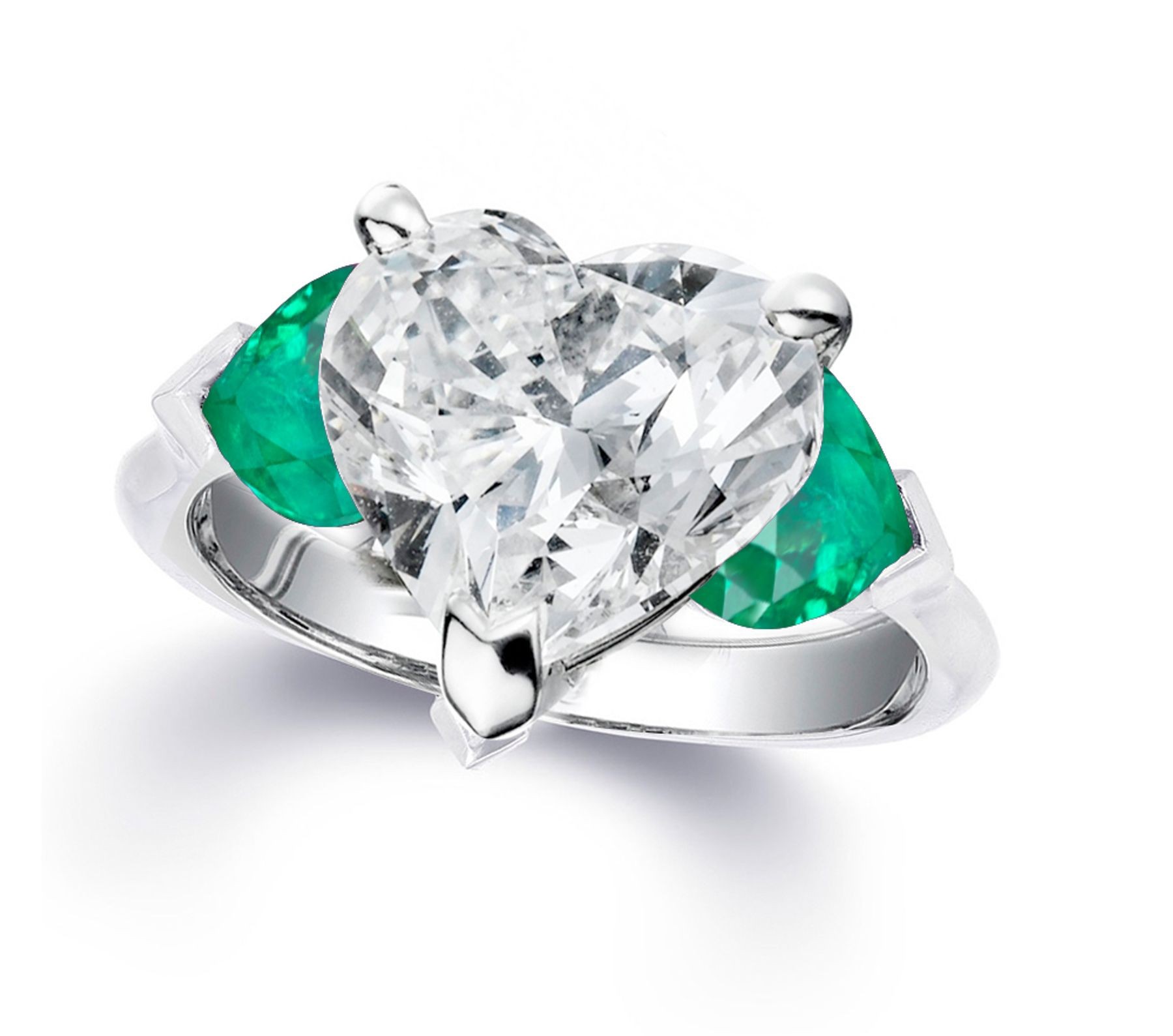 Three Stone Heart Diamond & Heart Emeralds Ring