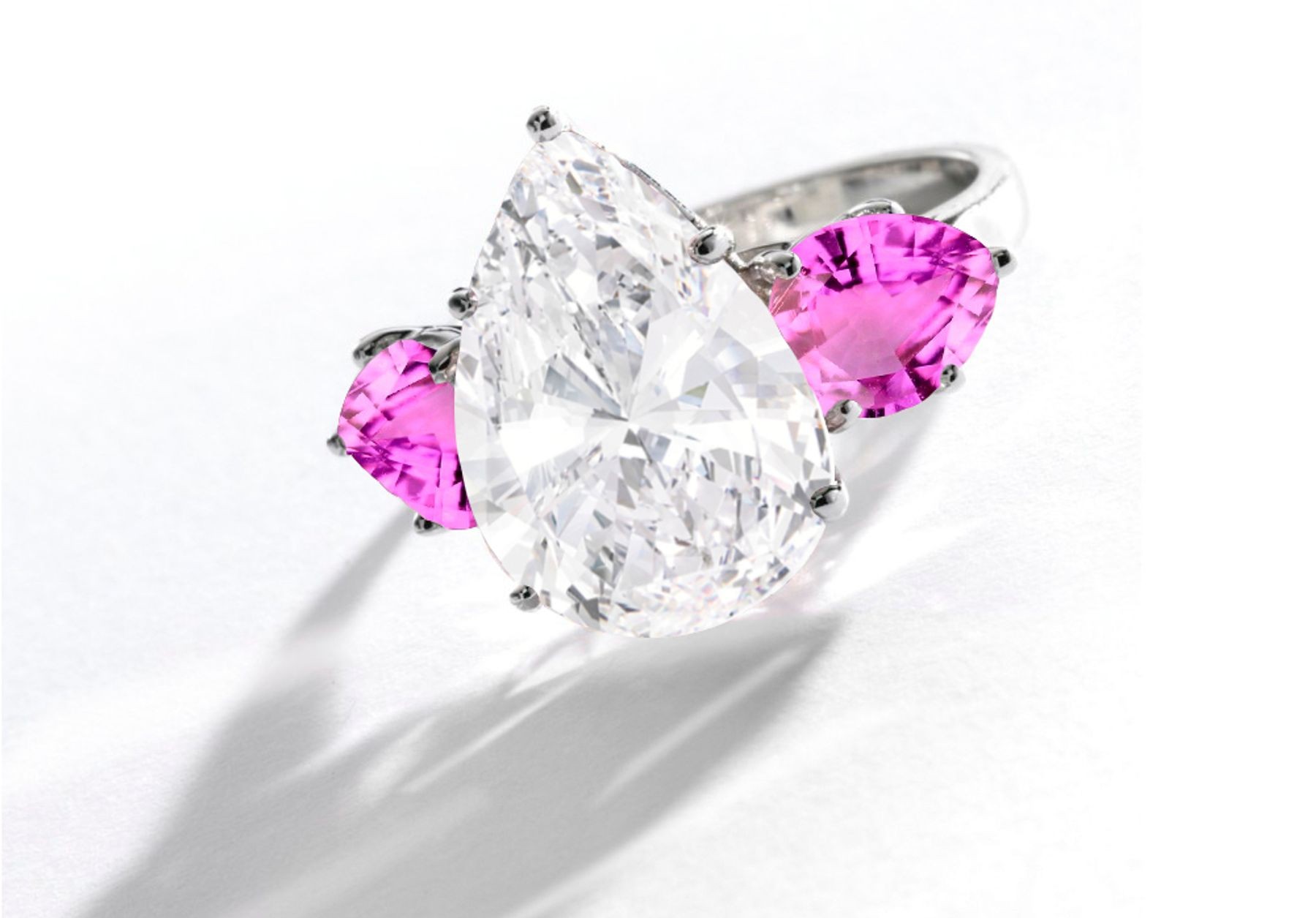 Pear-Shaped Diamond & Pink Sapphire Three Stone Engagement and Right Hand Rings