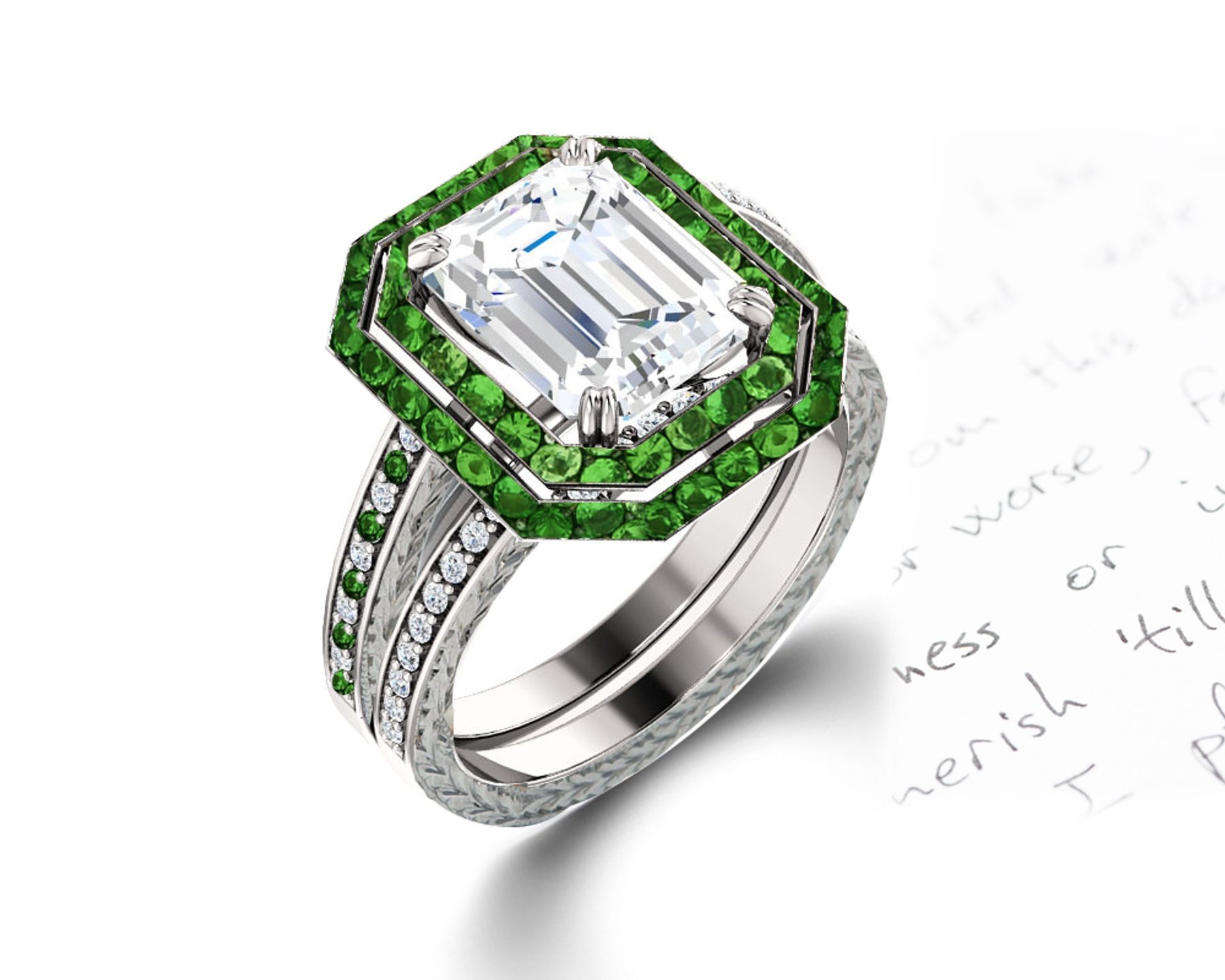 Latest Collection: Delicate Halo Micropave Side Accents Green Emeralds & Diamonds Engagement Rings