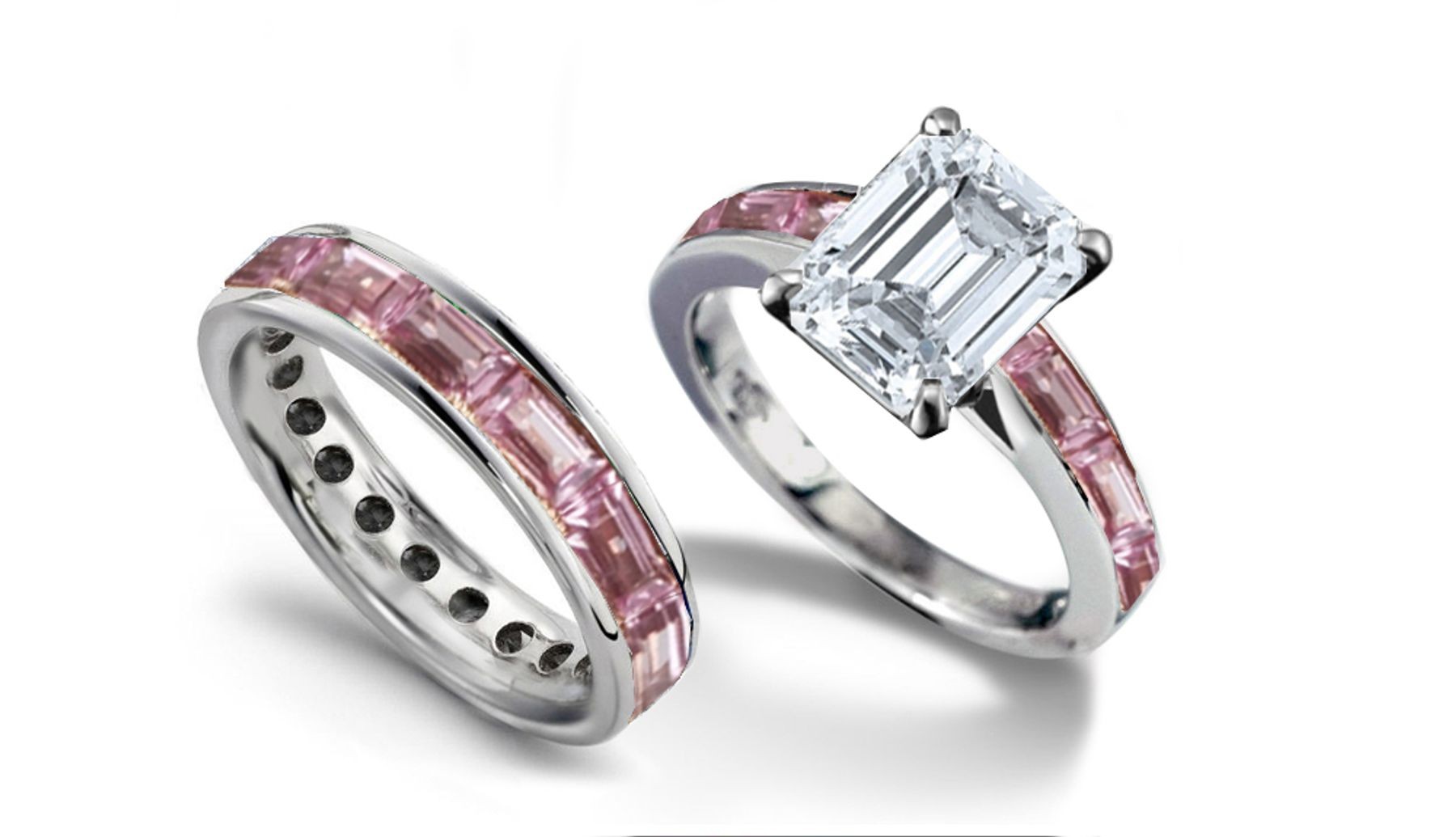 Emerald Cut Diamond & Pink Baguette Sapphire Ring & Sapphire Gold Band