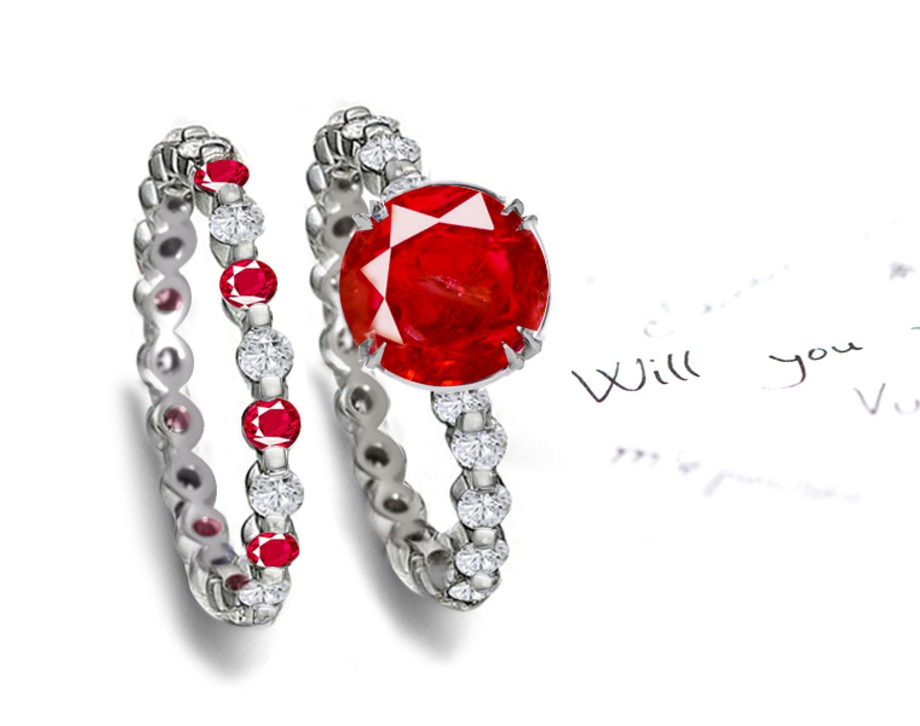 Pigeon Red: Bar Set Ruby & Diamond Engagement Ring & Matching Band in Platinum Ring Size 3 to 8