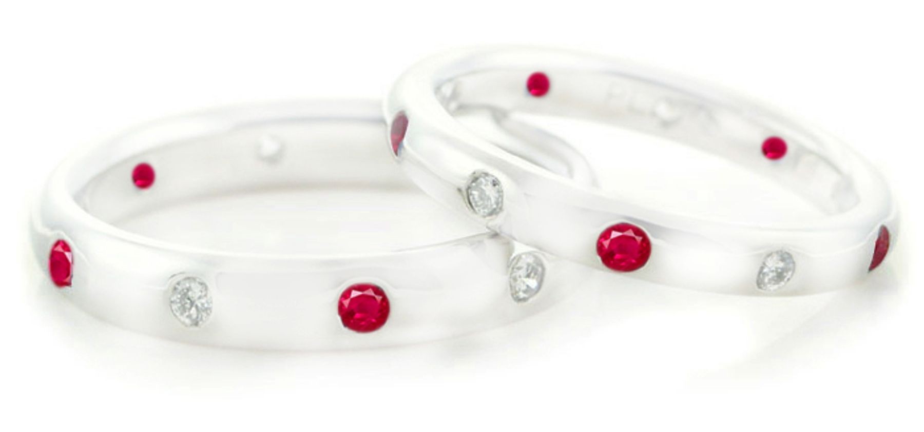 Eternity Rings: Platinum burnish set round rubies and diamonds eternity band