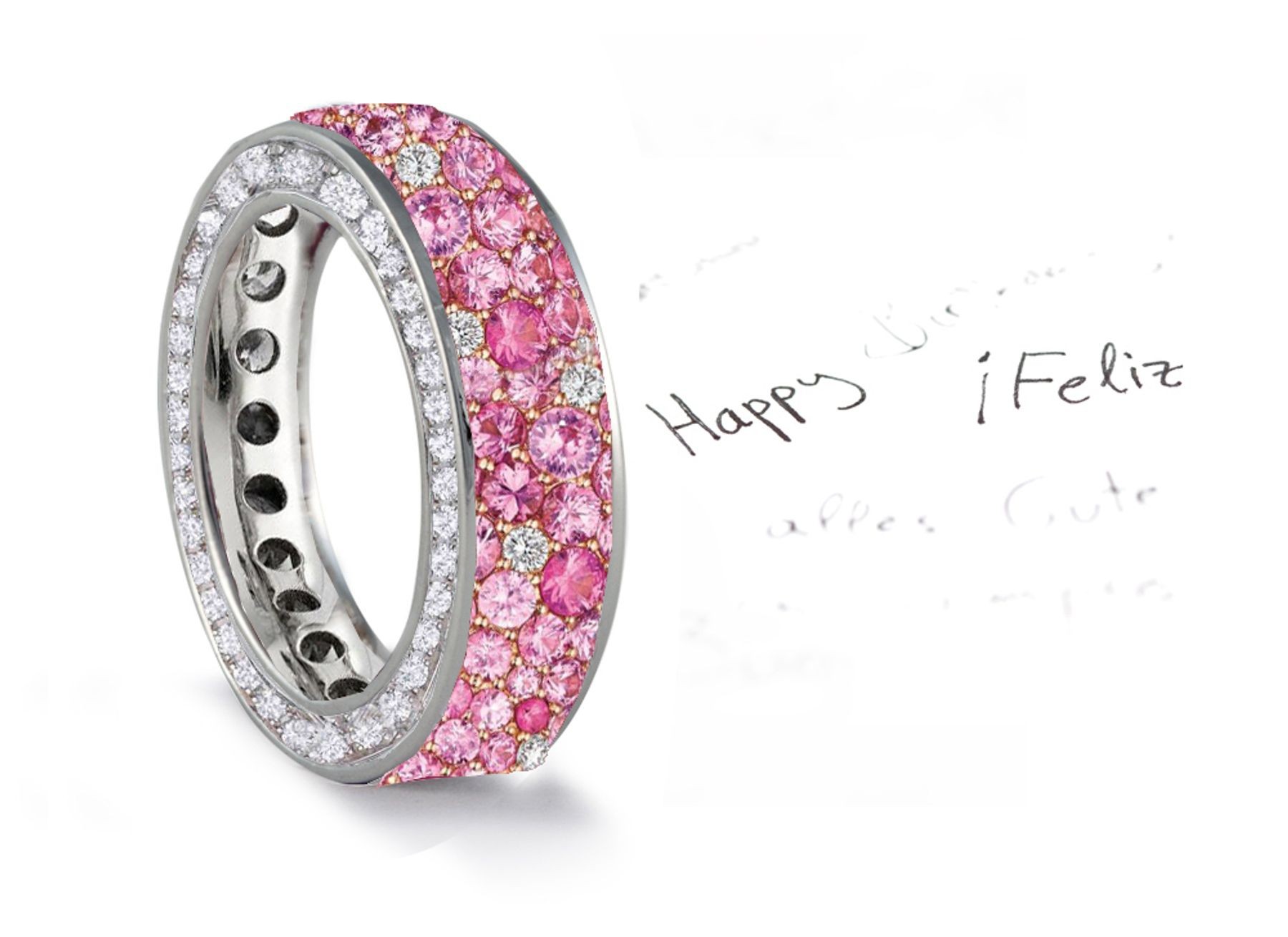 Made to Order French pave Set Brilliant Cut Round Diamonds & Pink Sapphires Eternity Rings & Bands