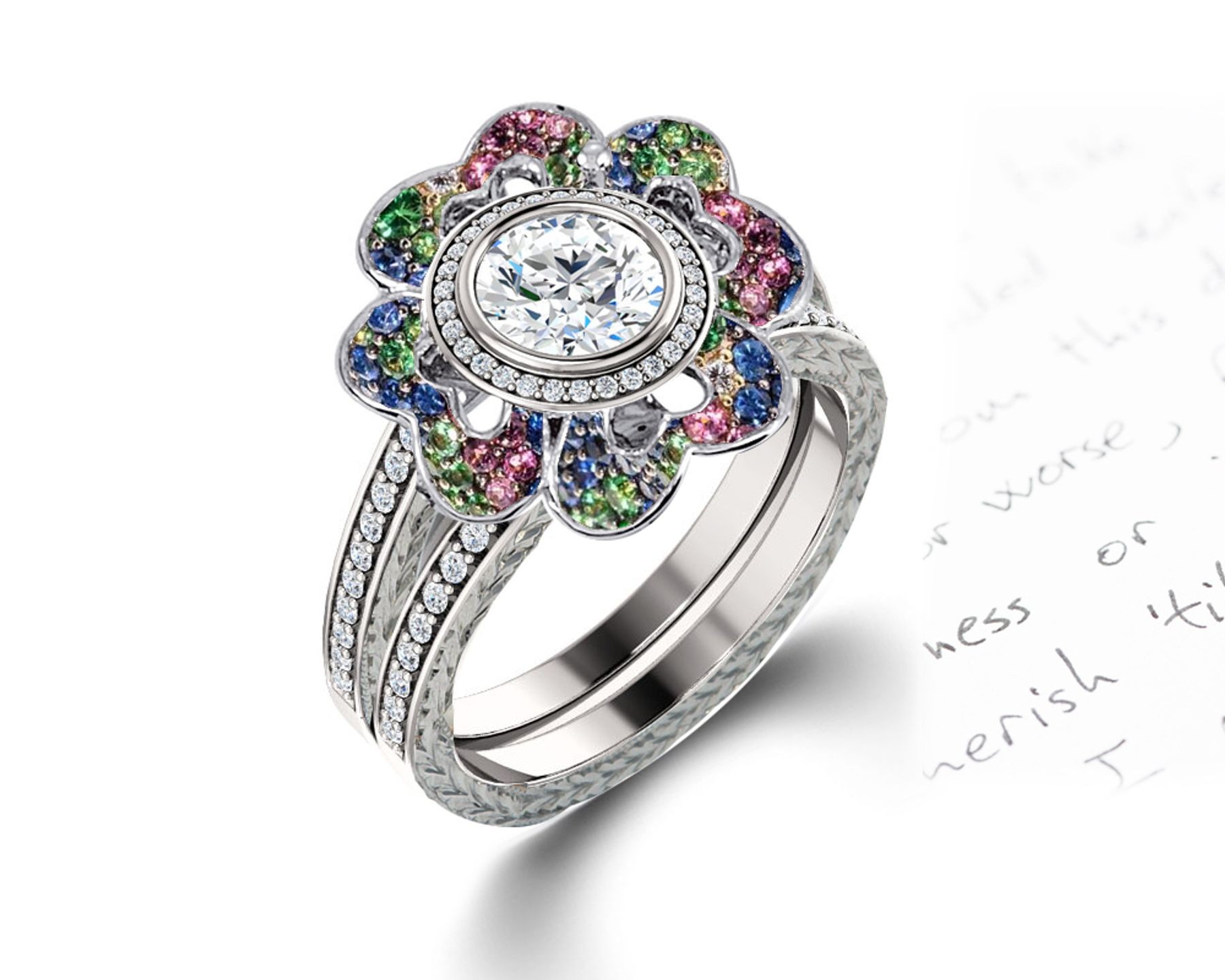 Delicate Micro Pave Halo Vivid Flower Rainbow Sapphires & Brilliant-Cut Round Diamonds Designer Engagement Rings