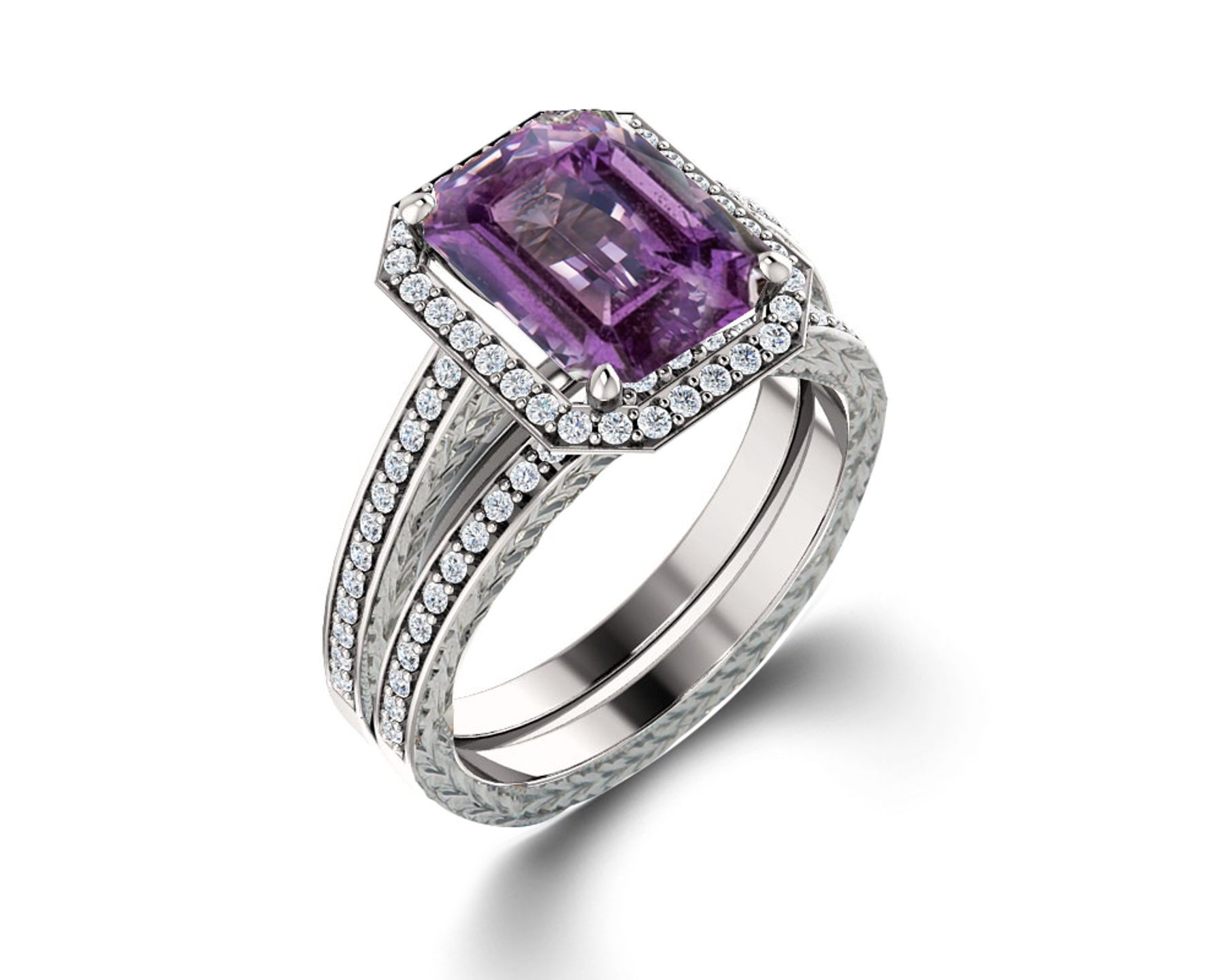 Delicate Micro Pave Halo Vivid Purple Sapphires & Brilliant-Cut Round Diamonds Designer Engagement Rings