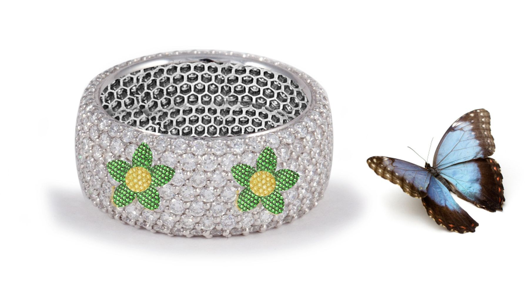 Flower Bloom Collection: Women's Halo Micro pave Precision Set Emerald & Yellow Sapphire & Diamond Eternity Rings Available in Platinum Inspired By Nature