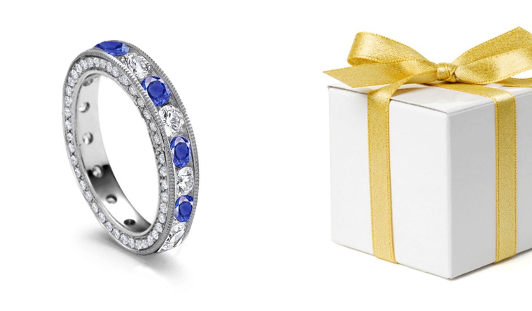 Round Diamonds & Blue Sapphires Channel Set Bordered by Fine Milgrain & Diamond Sprinkled Sides View from All Angles