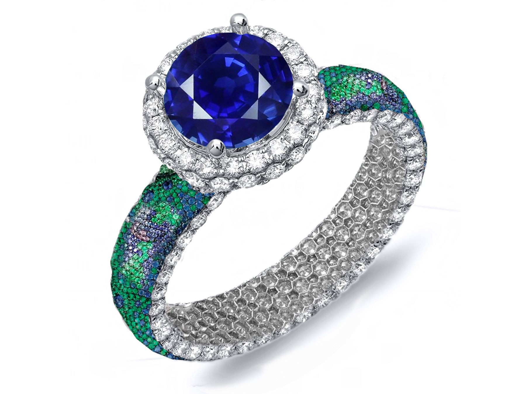 Brilliant & Rich Pave Cluster Diamond & Multi-Colored Precious Stones Rubies, Emeralds & Blue, Pink, Purple, Yellow Sapphires