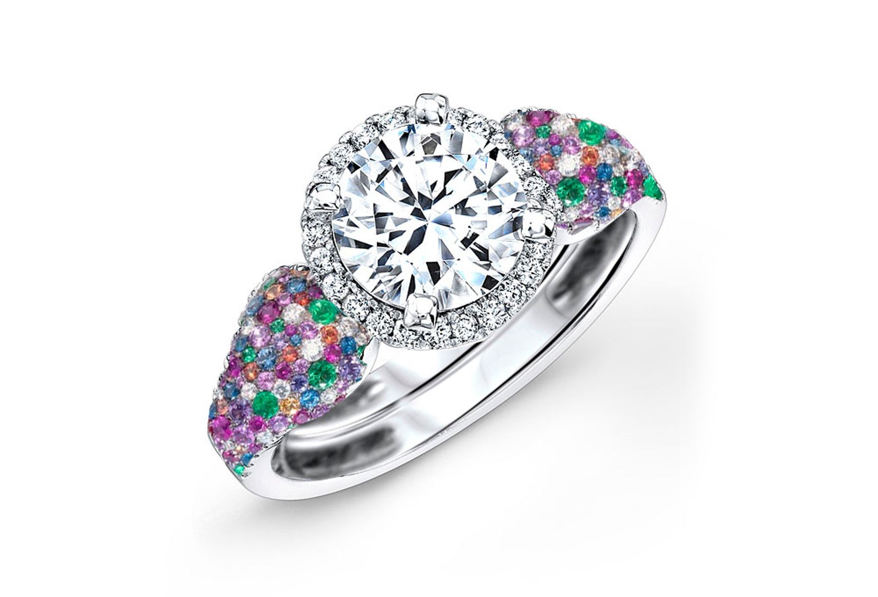 Made To Order Rings Featuring Delicate French Halo Pave Diamonds & Multi-Colored Gemstones