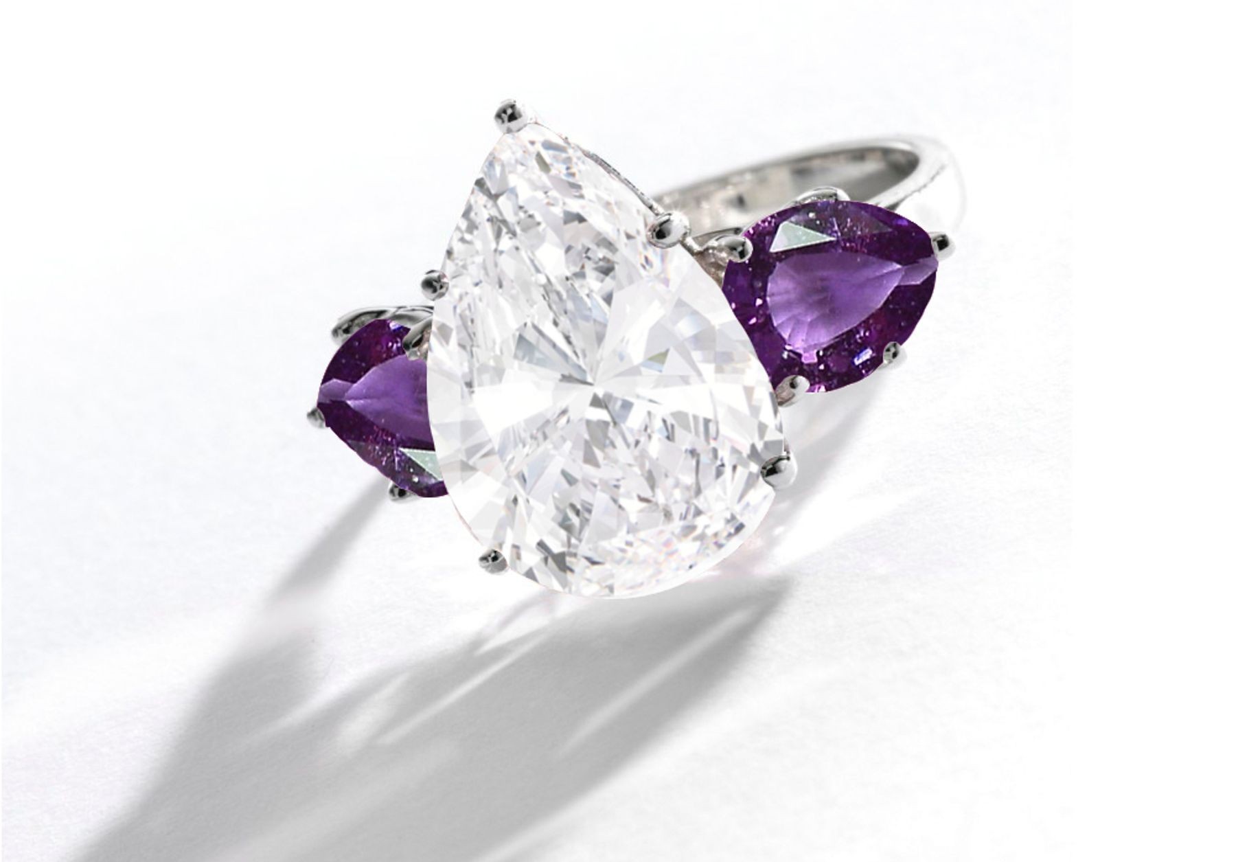 Pear-Shaped Diamond & Purple Sapphire Three Stone Engagement and Right Hand Rings