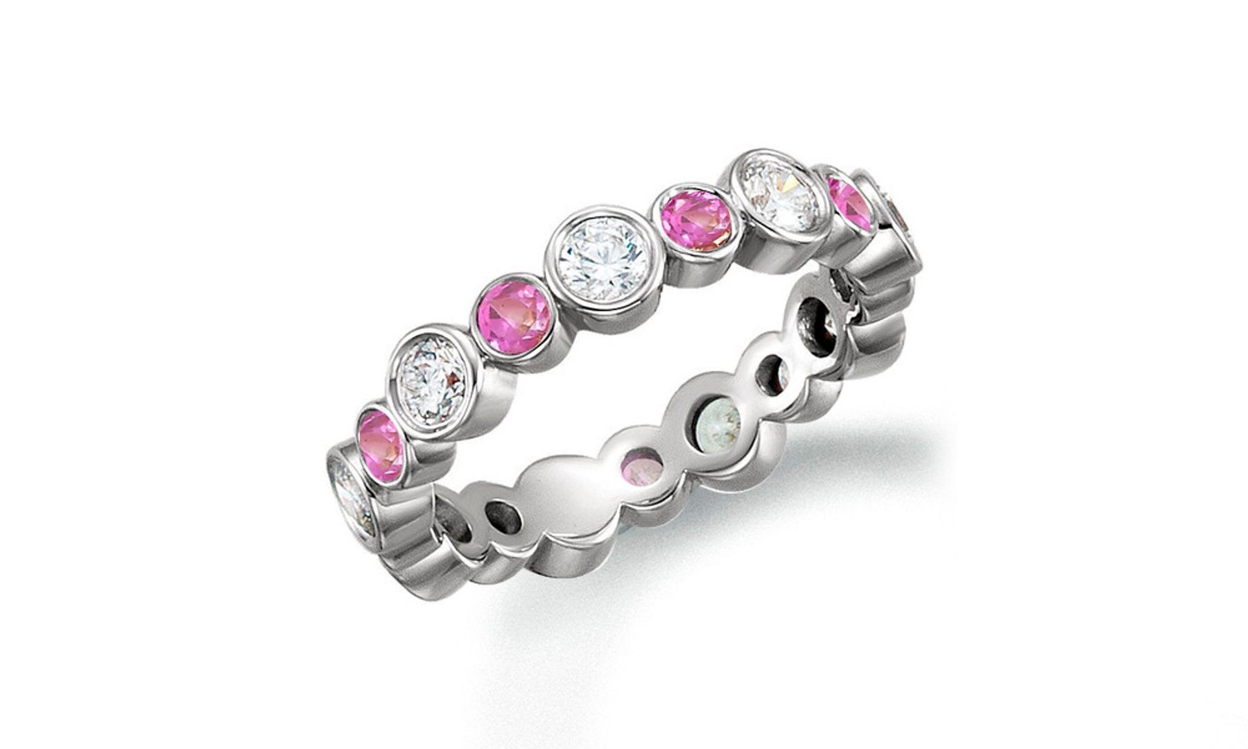 Precision Set Bezel Set Round Diamond & Pink Sapphire Eternity Band Rings