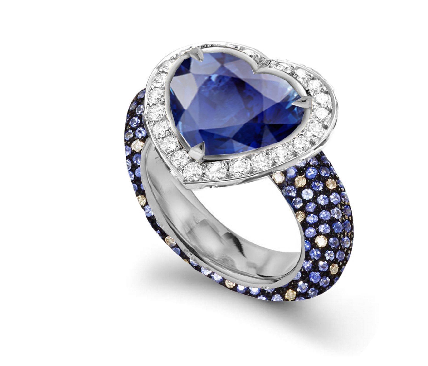 Delicate Micro Pave Round Brilliant Cut & Heart Blue Sapphires & Diamonds Halo Ring