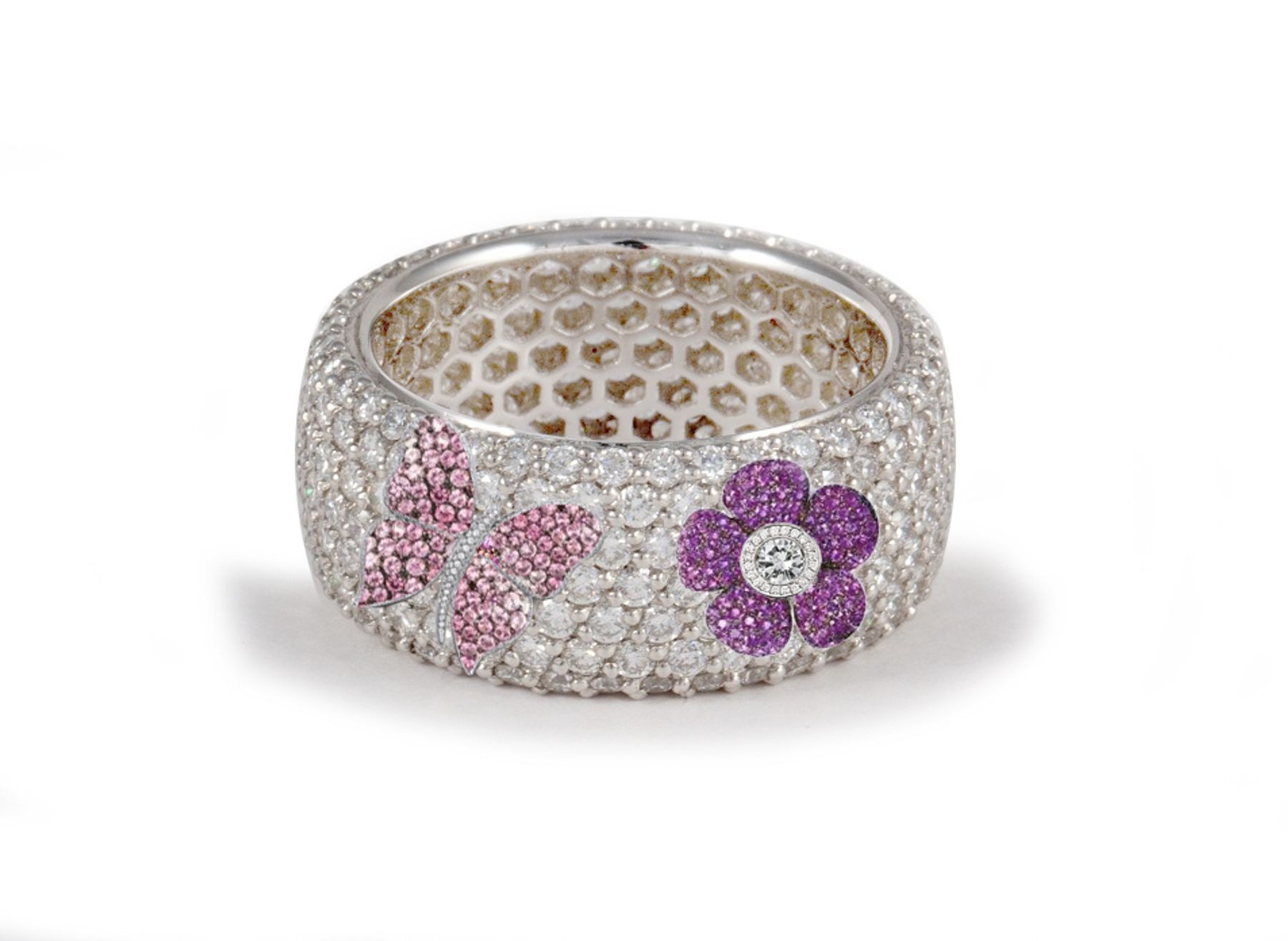 High Quality French pavee Multi-Colored Sapphire & Brilliant-Cut Round Diamond Butterfly & Flower Eternity Rings & Bands