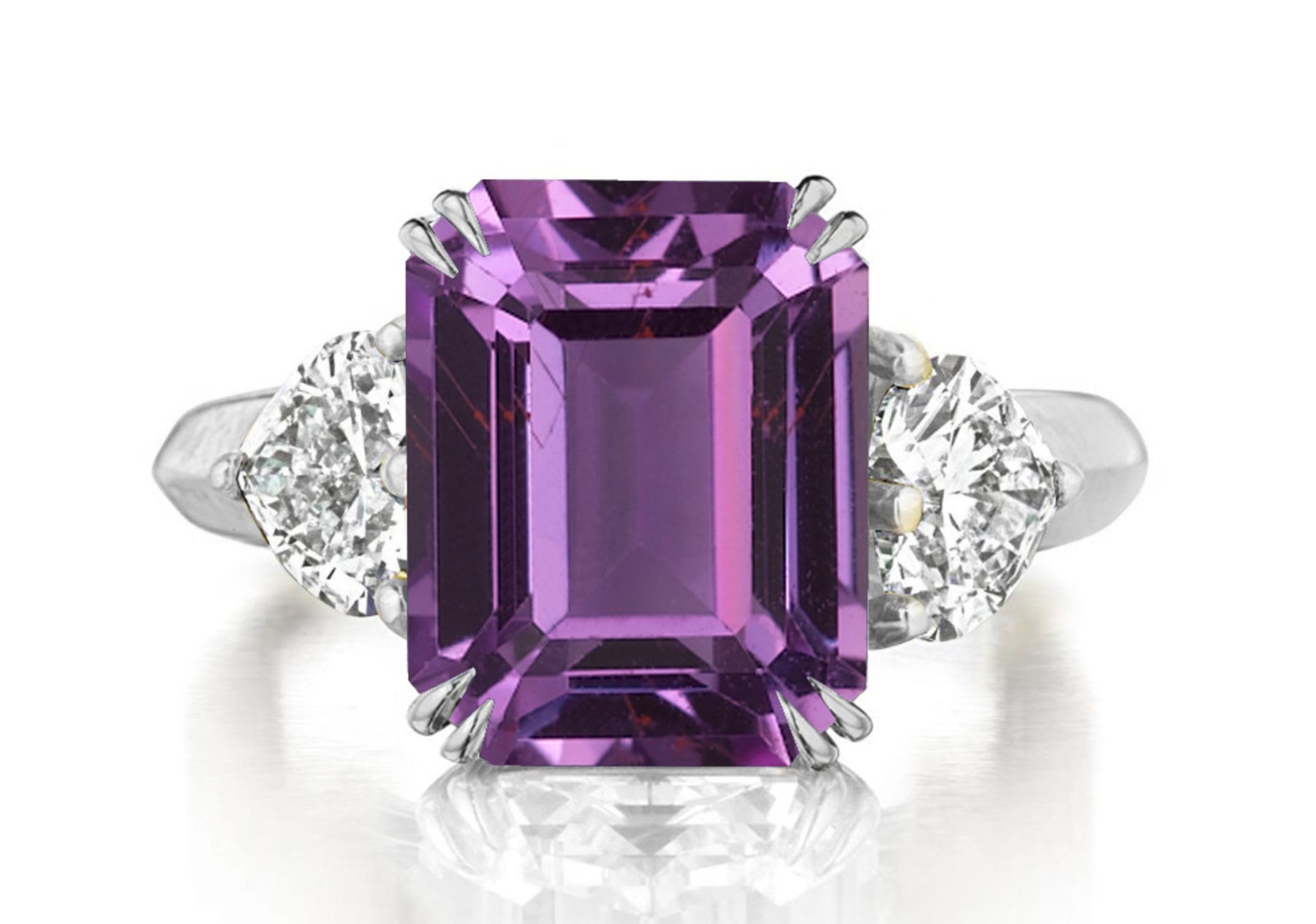 Premium Quality Unique Heart Shaped Diamonds & Purple Sapphire Emerald Cut Three Stone Rings