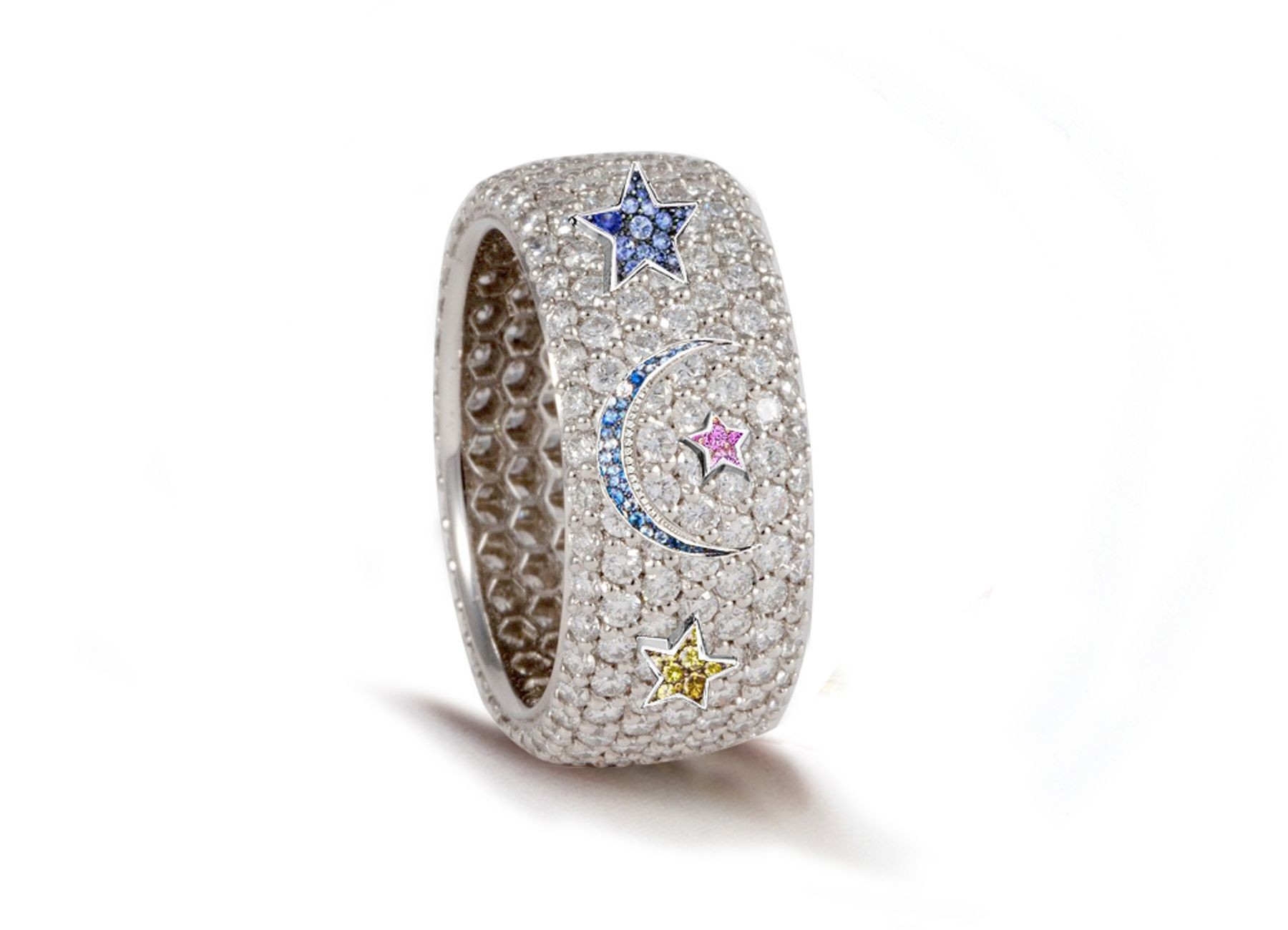 High Quality French pavee Multi-Colored Sapphire & Brilliant-Cut Round Diamond Moon & Stars Eternity Rings & Bands