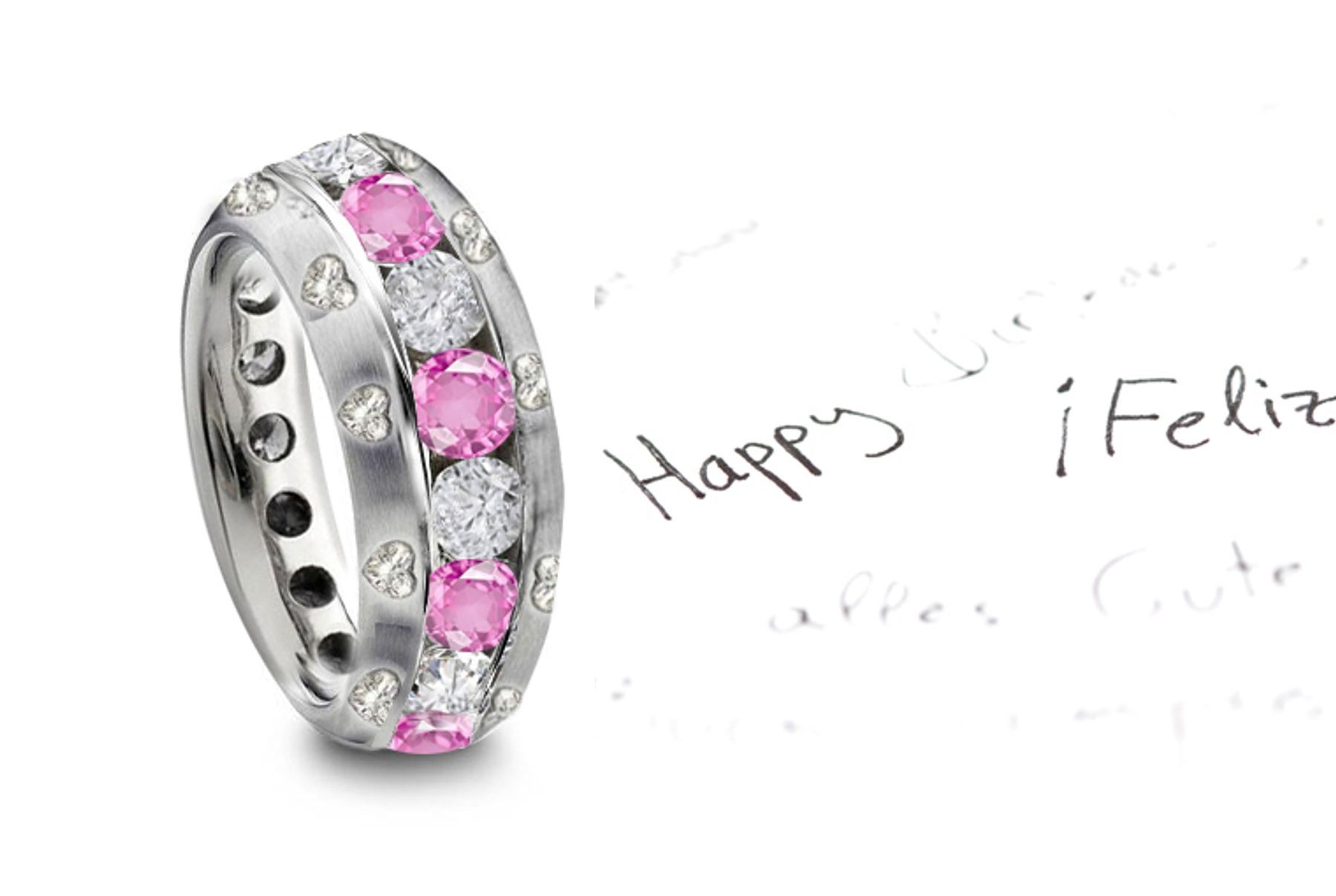 Burnish Set Heart Diamond & Pink Sapphire Rings