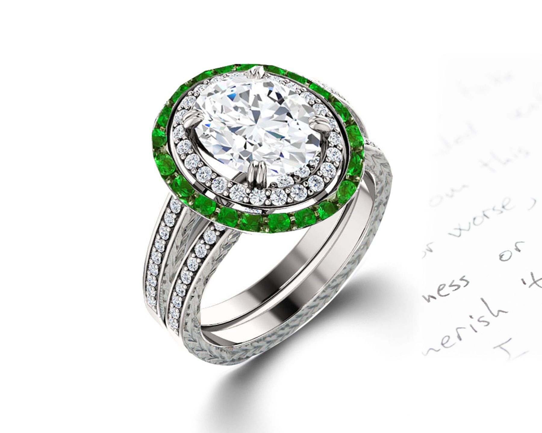 Latest Collection: Delicate Halo Micropave Side Accents Green Emeralds & Diamonds Engagement Rings