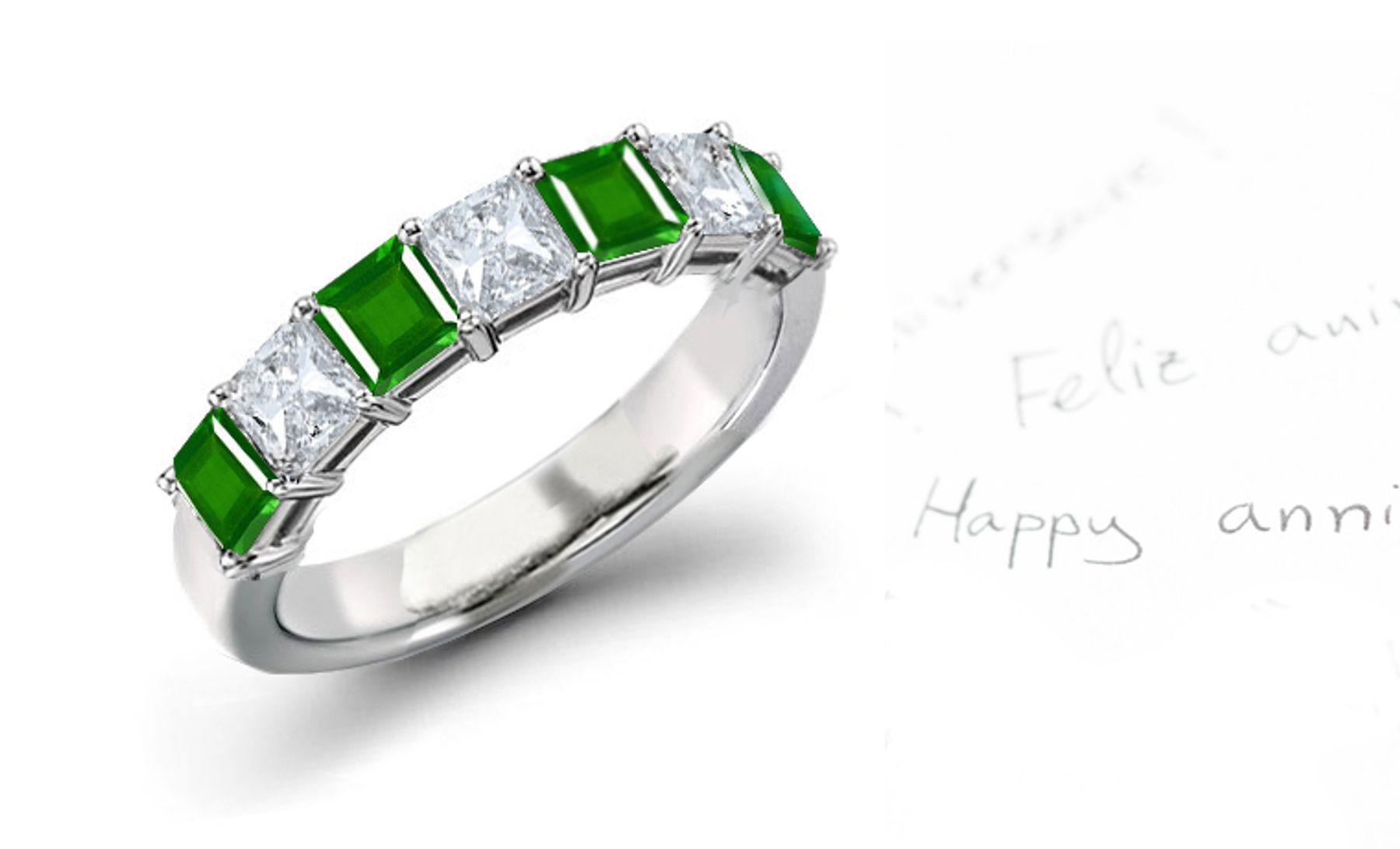 Excitement: Mens 7 Stone Prong Set Square Emerald & Princess Cut Diamond Anniversary Band