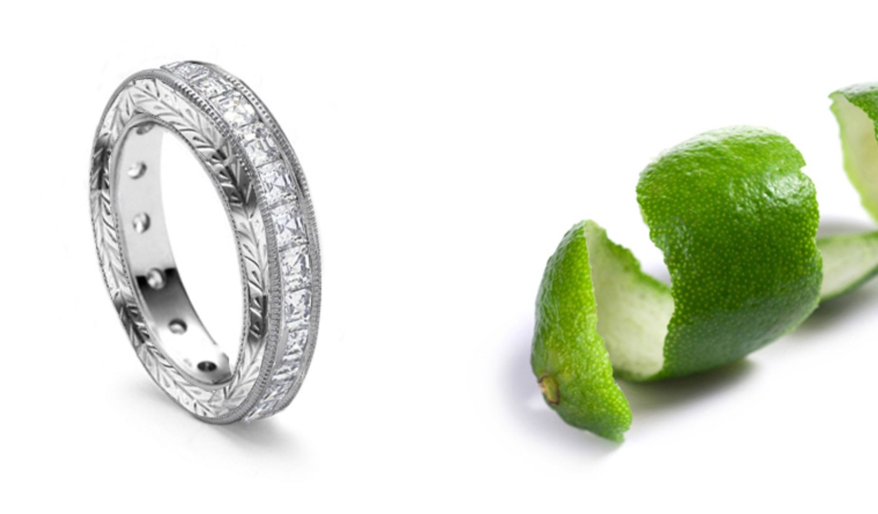 Passed Down From Mother To Daughter: Asscher Cut Diamond Anniversary Band Sides Embossed with Scroll, Floral & Leaf Motifs