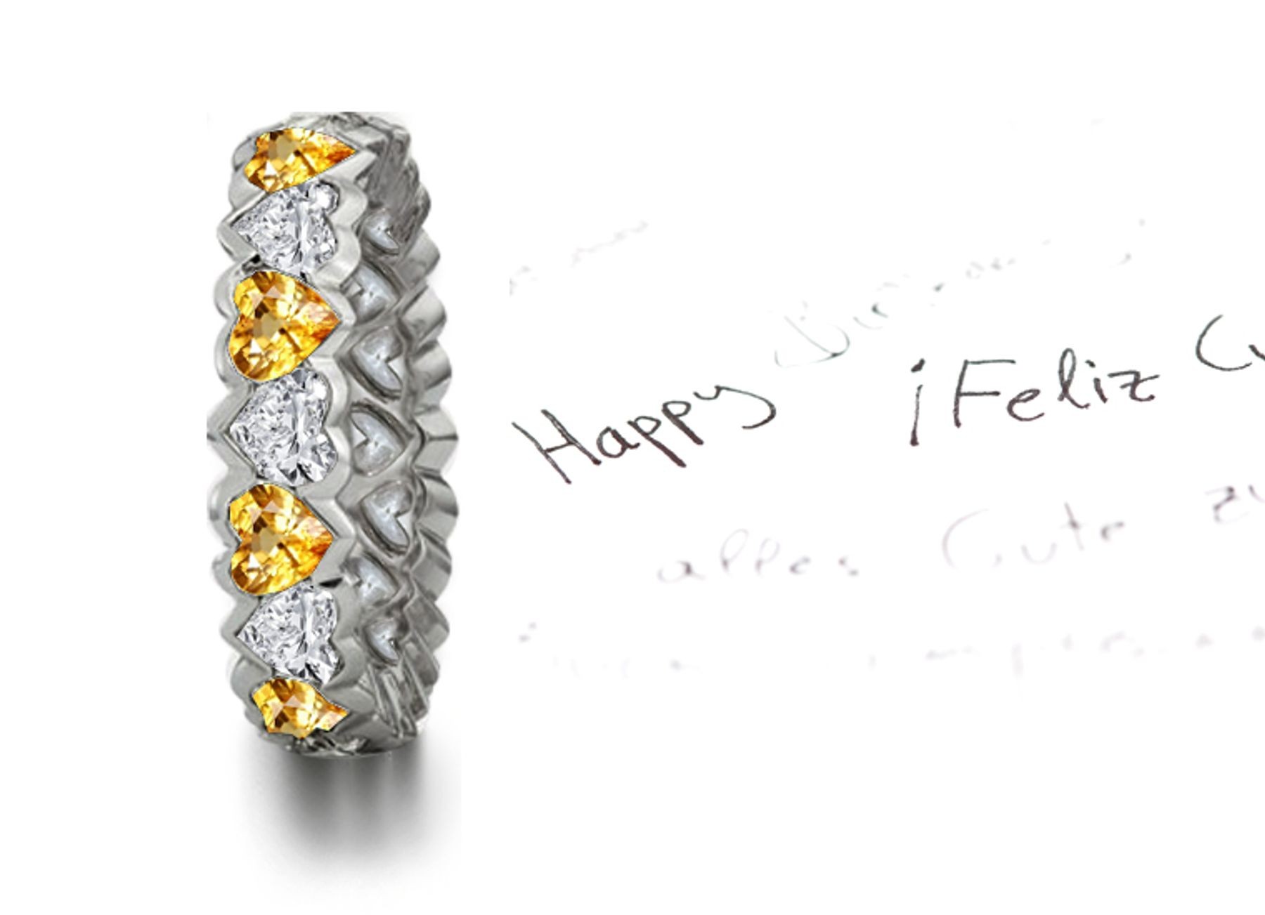 Heart Yellow Sapphires & Diamonds Eternity Ring Available For Shipping