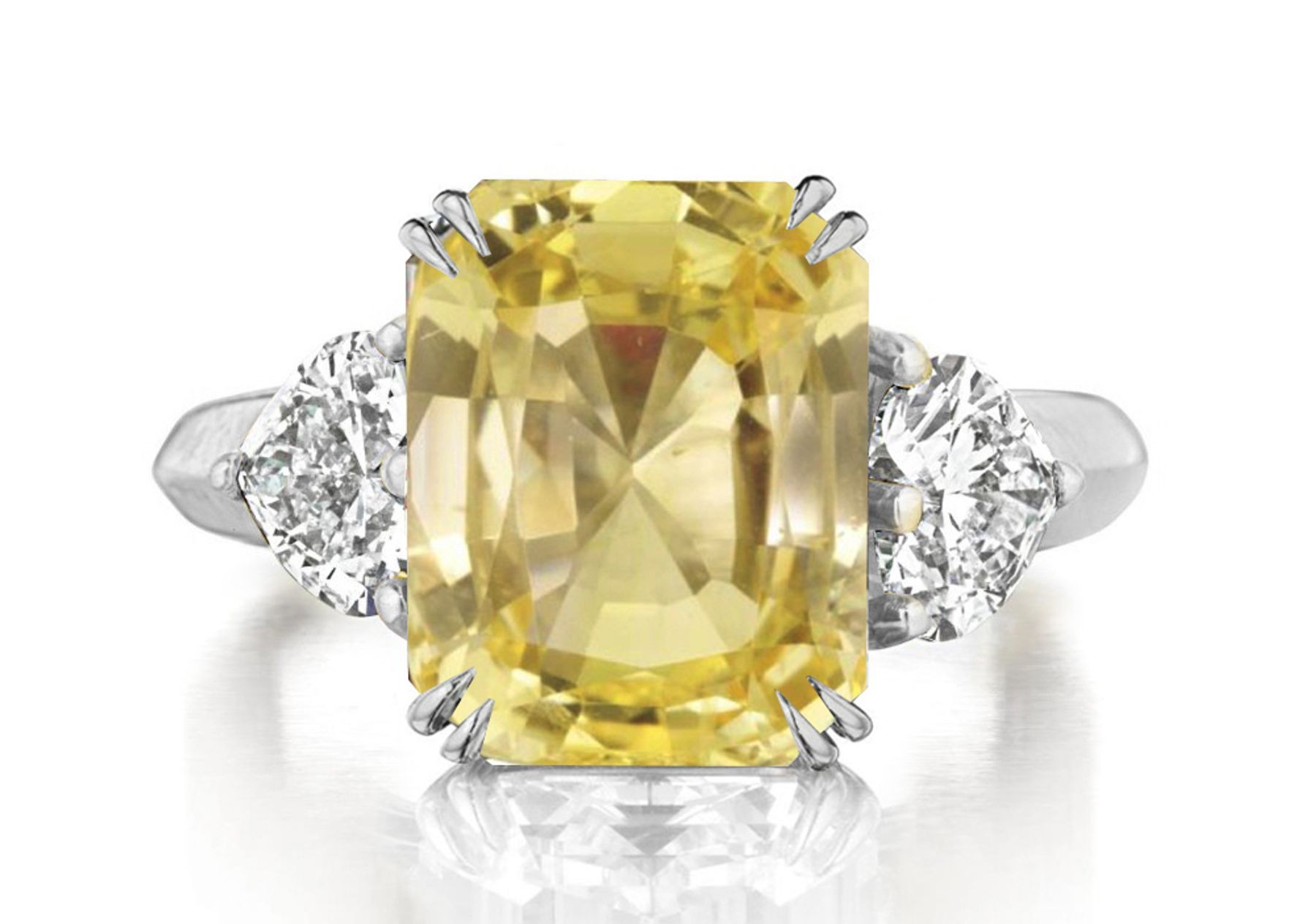 Premium Quality Unique Heart Shaped Diamonds & Yellow Sapphire Emerald Cut Three Stone Rings