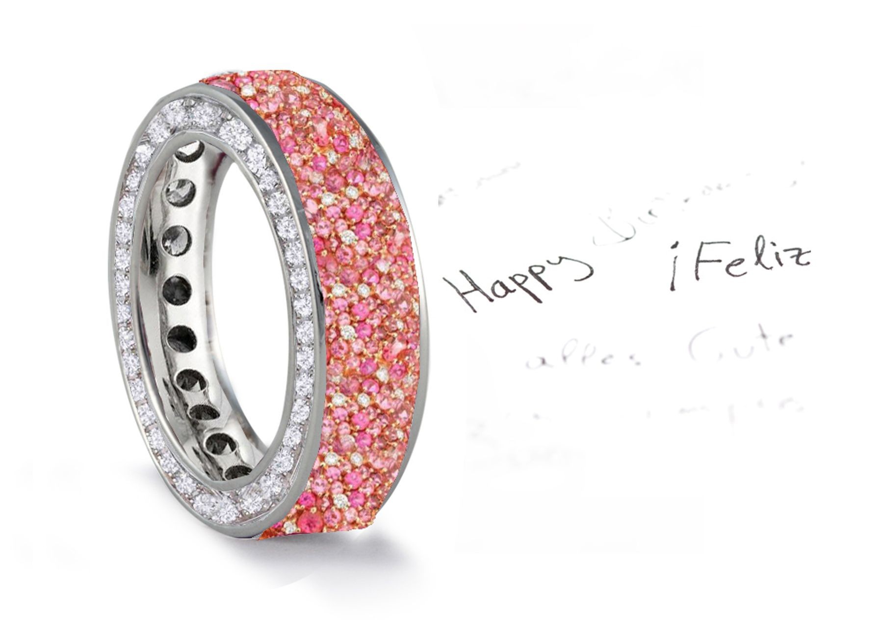 Made to Order French pave Set Brilliant Cut Round Diamonds & Pink Sapphires Eternity Rings & Bands