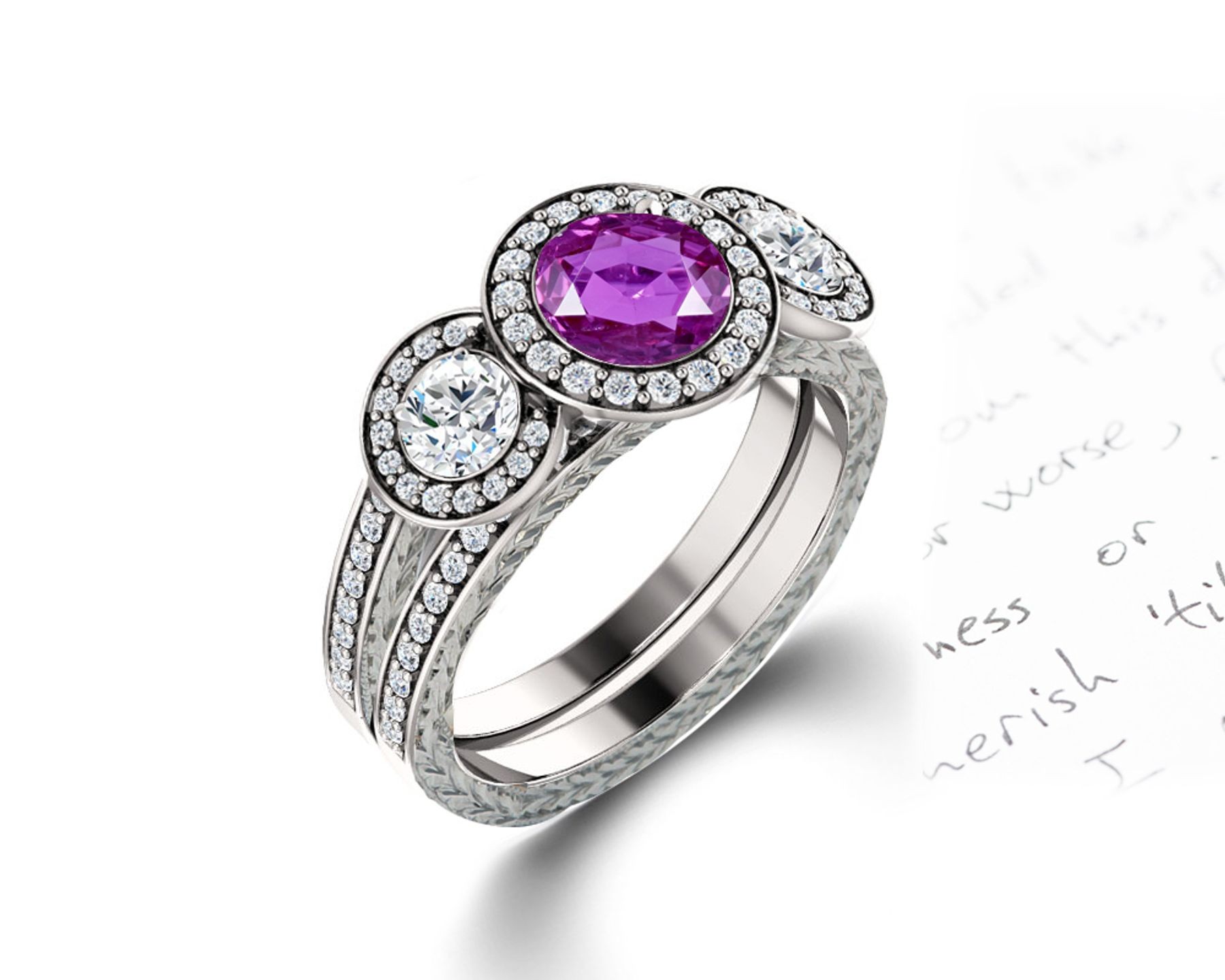 Delicate Micro Pave Halo Vivid Purple Sapphires & Brilliant-Cut Round Diamonds Designer Engagement Rings