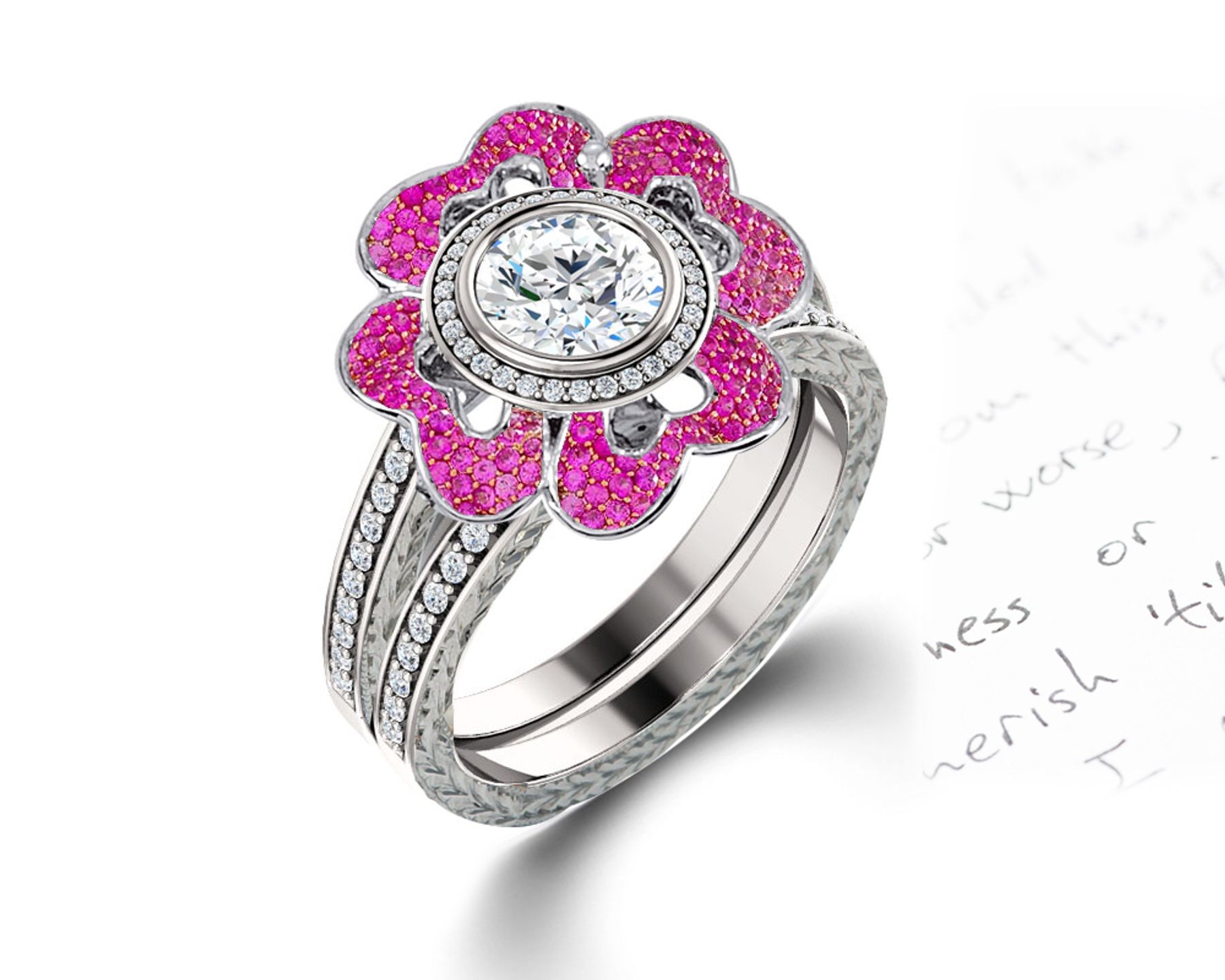 Delicate Micro Pave Halo Vivid Flower Pink Sapphires & Brilliant-Cut Round Diamonds Designer Engagement Rings