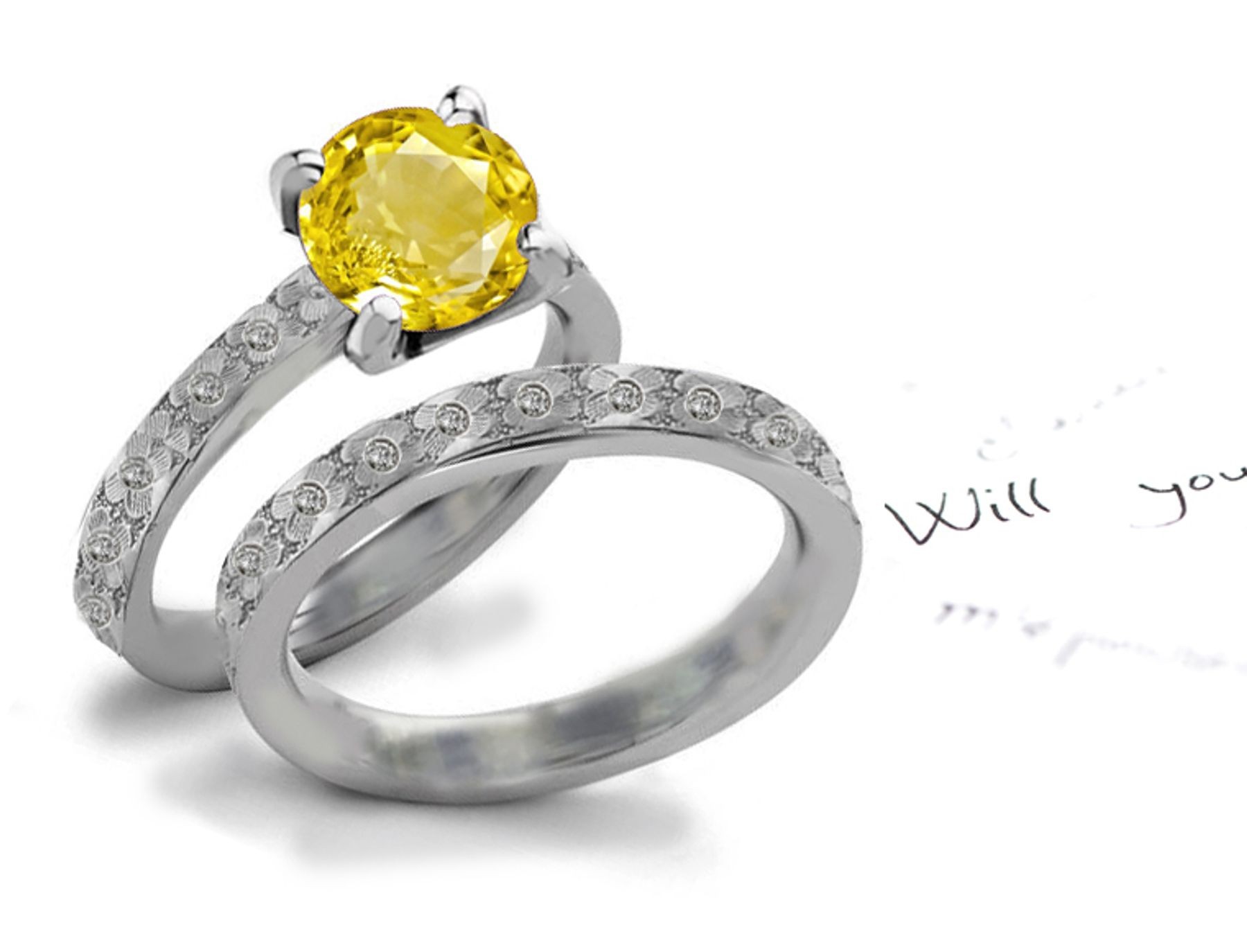 Hand Engraved: Fine, Brilliant Rich Yellow Sapphire Diamond Ring
