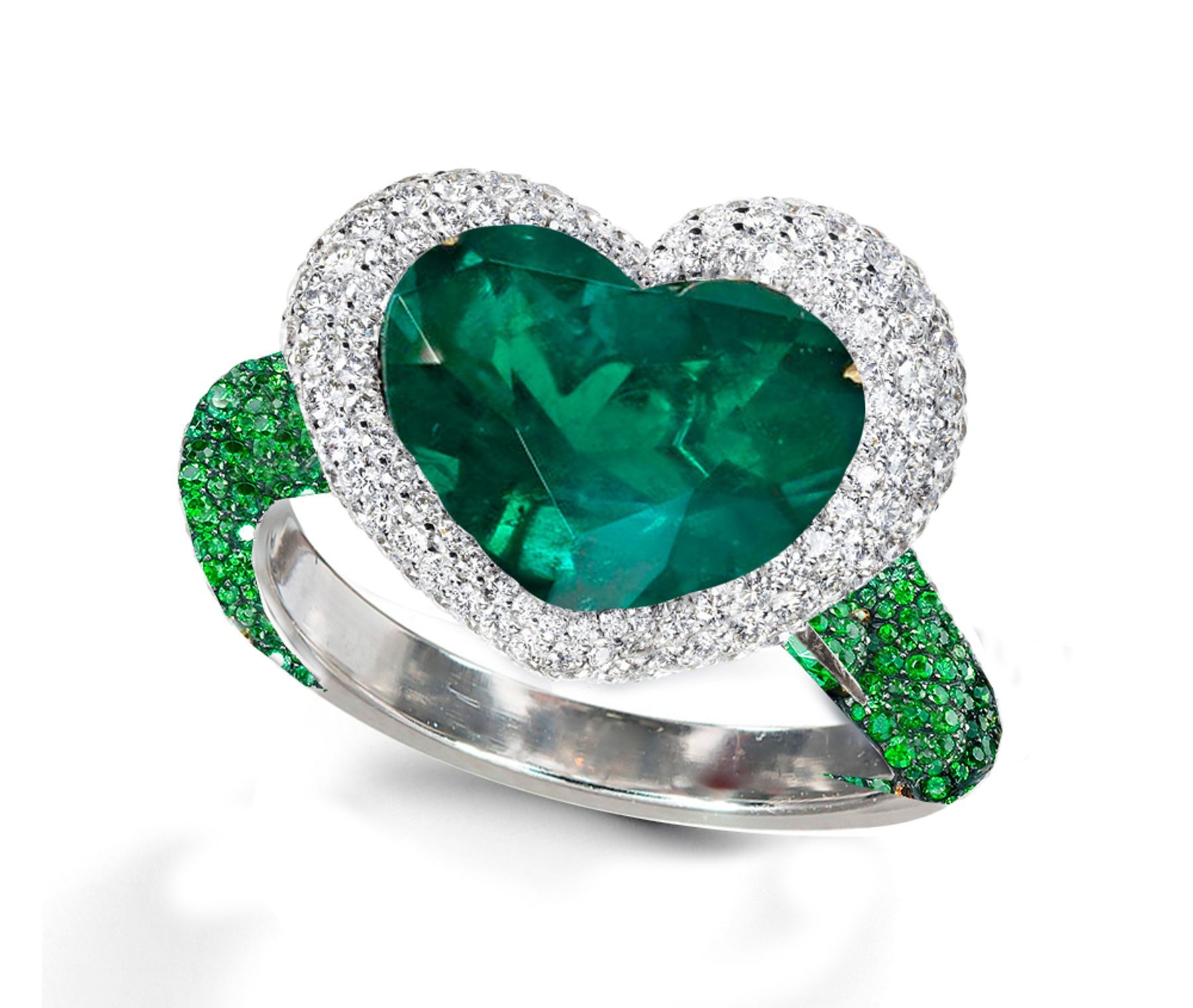 Ring with Heart Emerald & Pave Set Emeralds & White Diamonds in Gold or Platinum