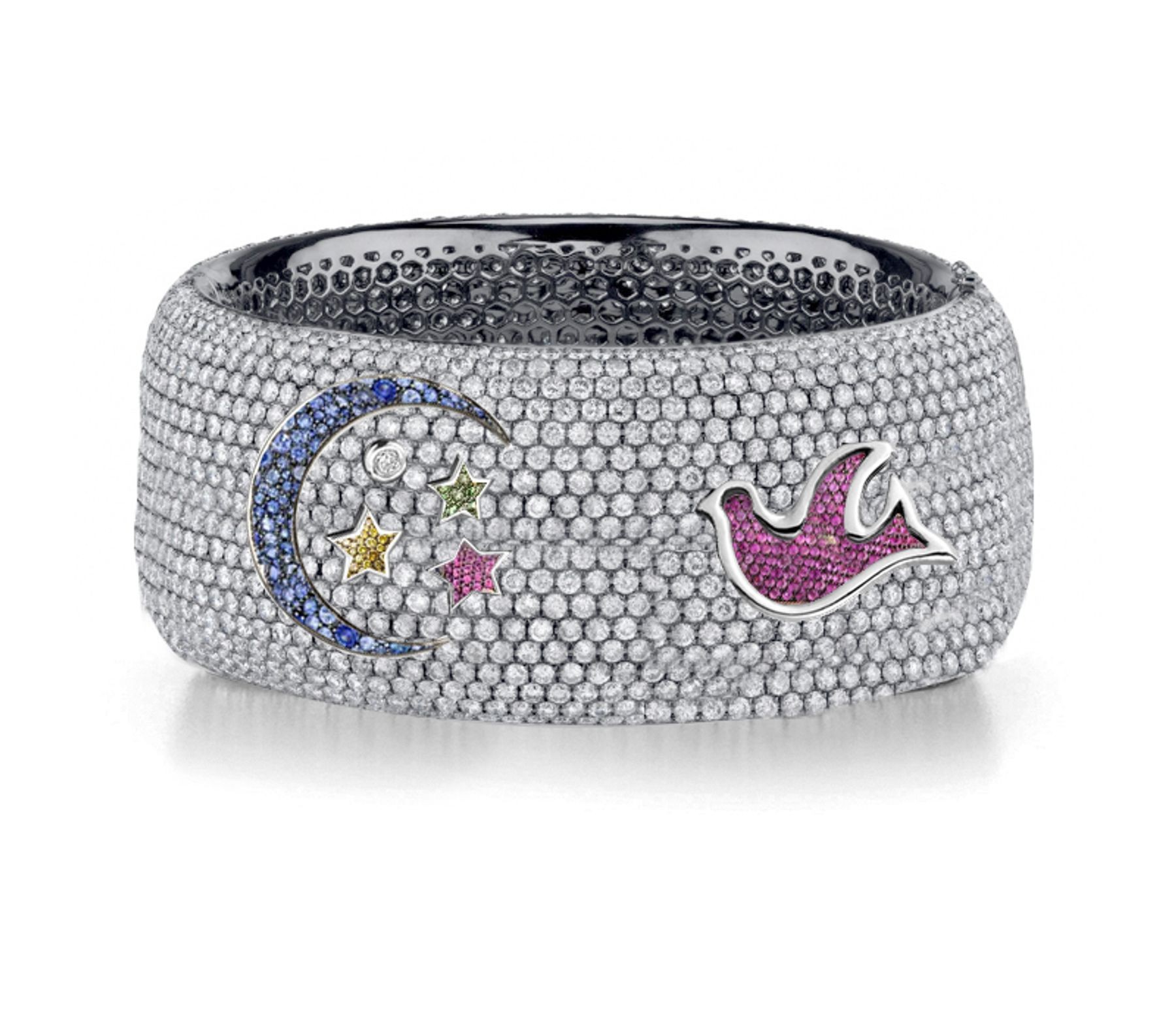 Delicate French pavee Sparkling Brilliant-Cut Round Diamonds & Vivid Multi-Colored Precious Stones Eternity Rings & Bands Featuring Bird, Moon & Stars