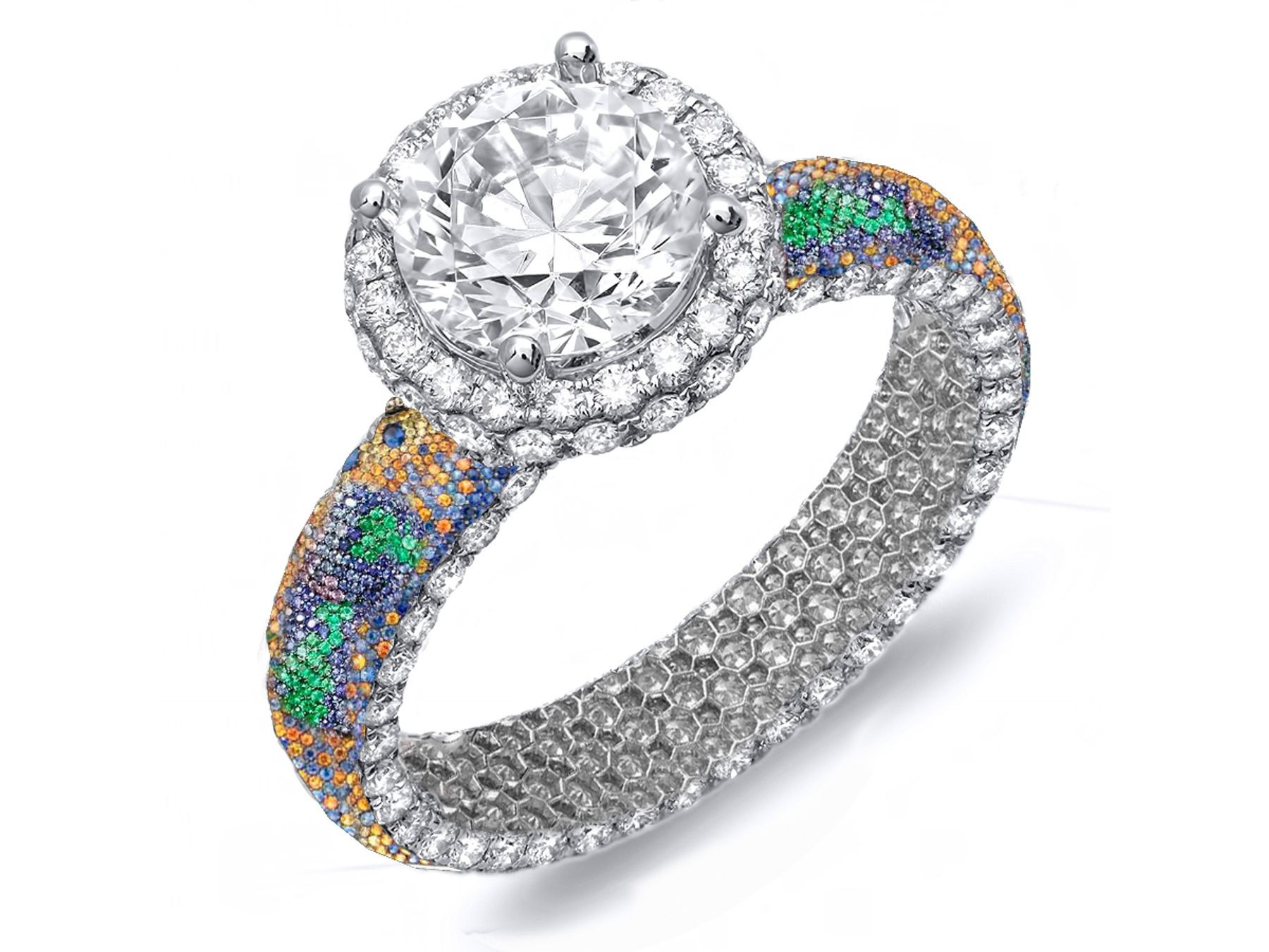 Brilliant & Rich Pave Cluster Diamond & Multi-Colored Precious Stones Rubies, Emeralds & Blue, Pink, Purple, Yellow Sapphires