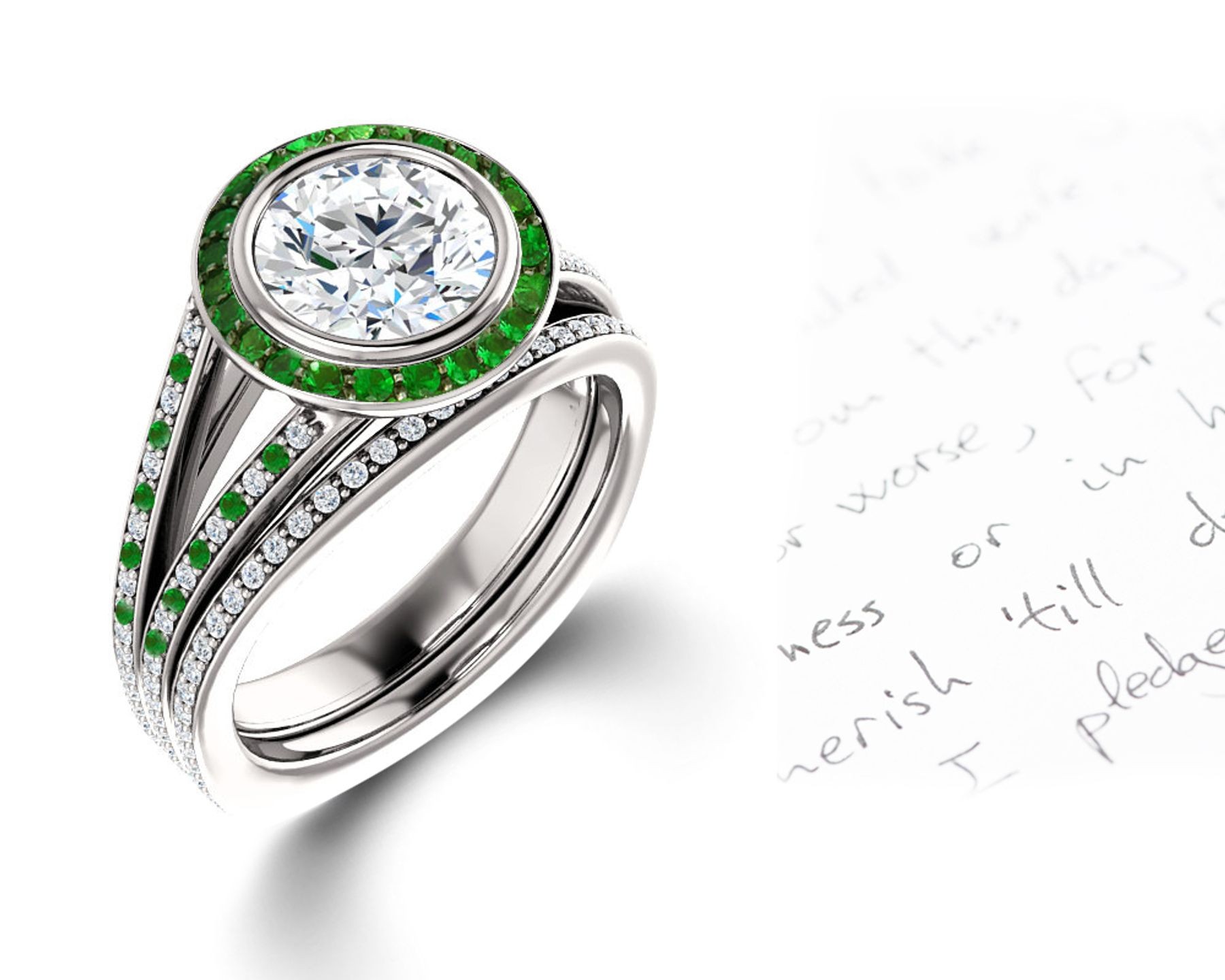 Latest Collection: Delicate Halo Micropave Side Accents Green Emeralds & Diamonds Engagement Rings