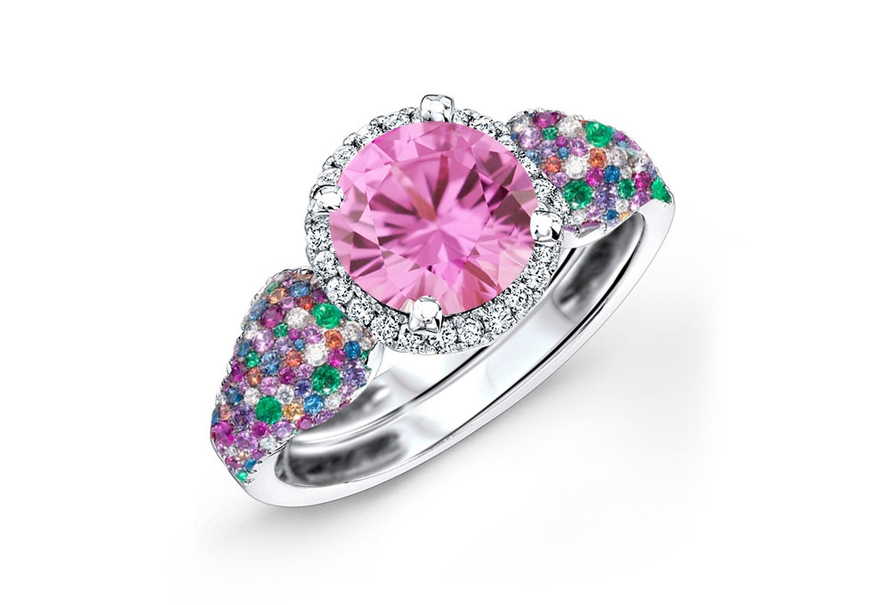 Made To Order Rings Featuring Delicate French Halo Pave Diamonds & Multi-Colored Gemstones