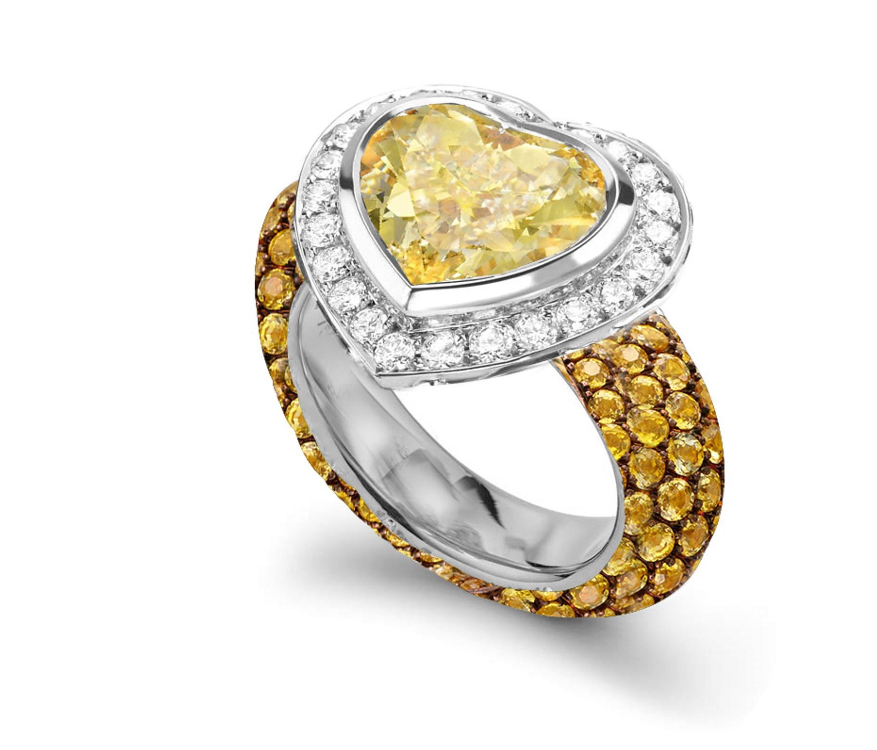 Delicate Micro Pave Round Brilliant Cut & Heart Yellow Sapphires & Diamonds Halo Ring