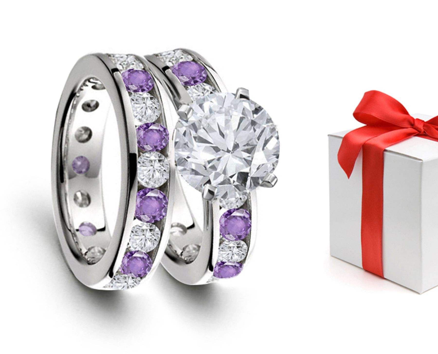 Elegant: Glittering Blue Sapphire & Diamond Engagement Rings & Wedding Rings Set