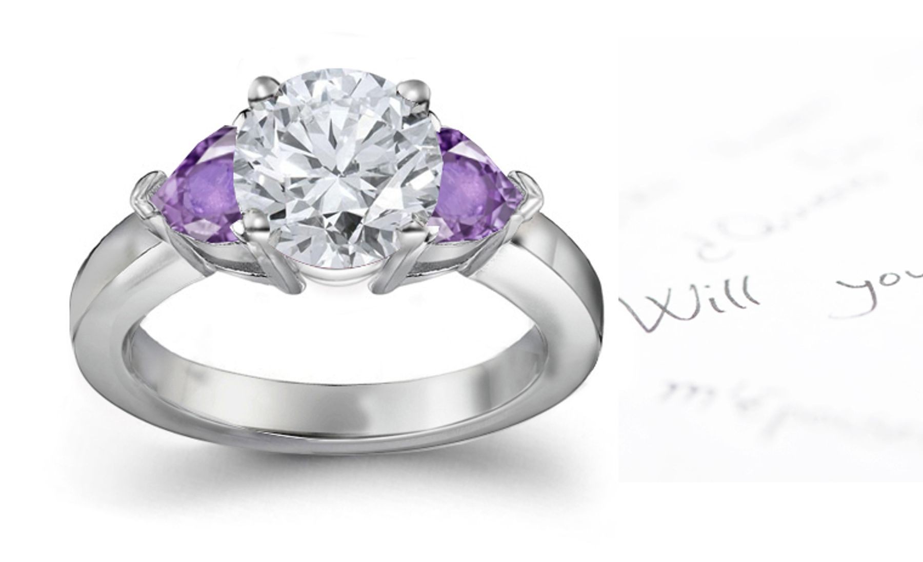 Heart Purple Sapphire & Diamond Round Engagement Ring