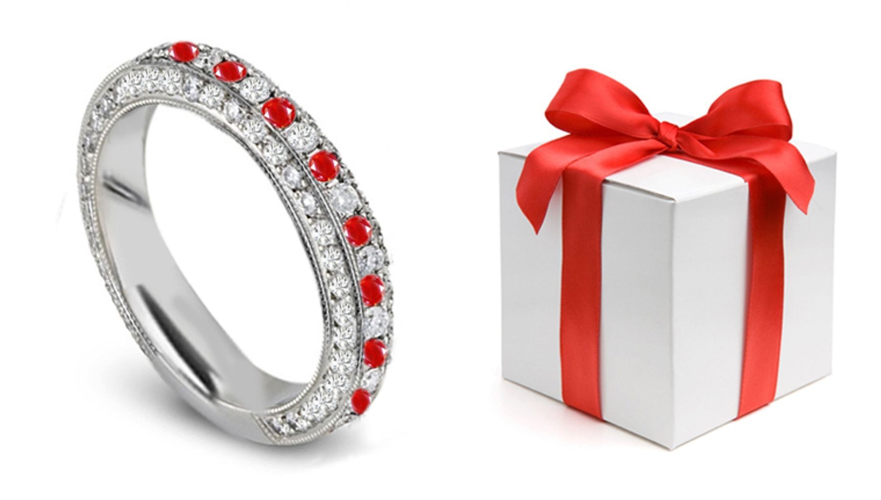 Design & Style: Twinkling Diamond & Ruby Eternity Band in Polished Platinum or Gold Size 3 to 8