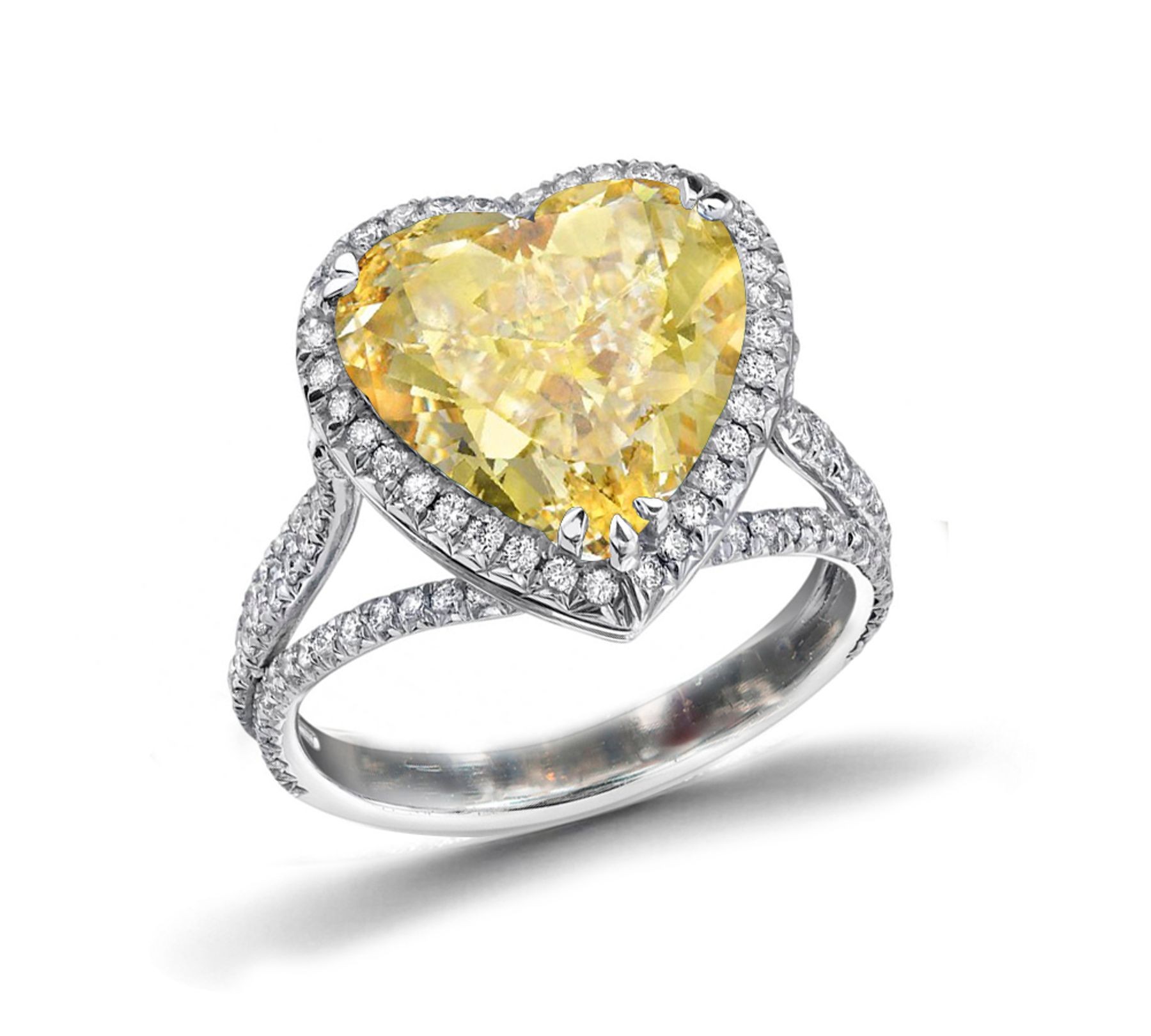 Latest Addition Ring with Heart Yellow Sapphire & Pave Set White Diamonds in Gold or Platinum